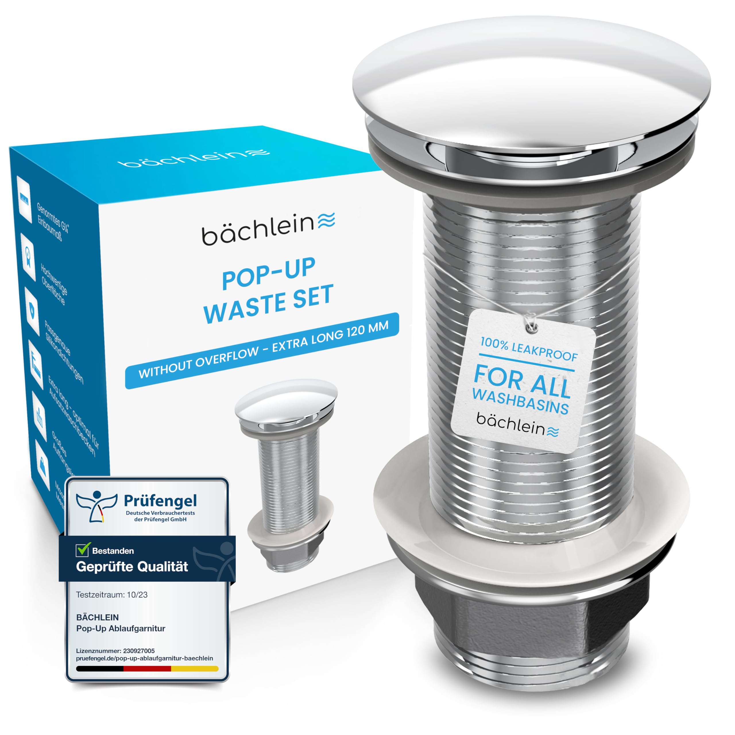 Bächlein Universal Pop Up Drain Valve for Countertop Basin | Chrome Brass