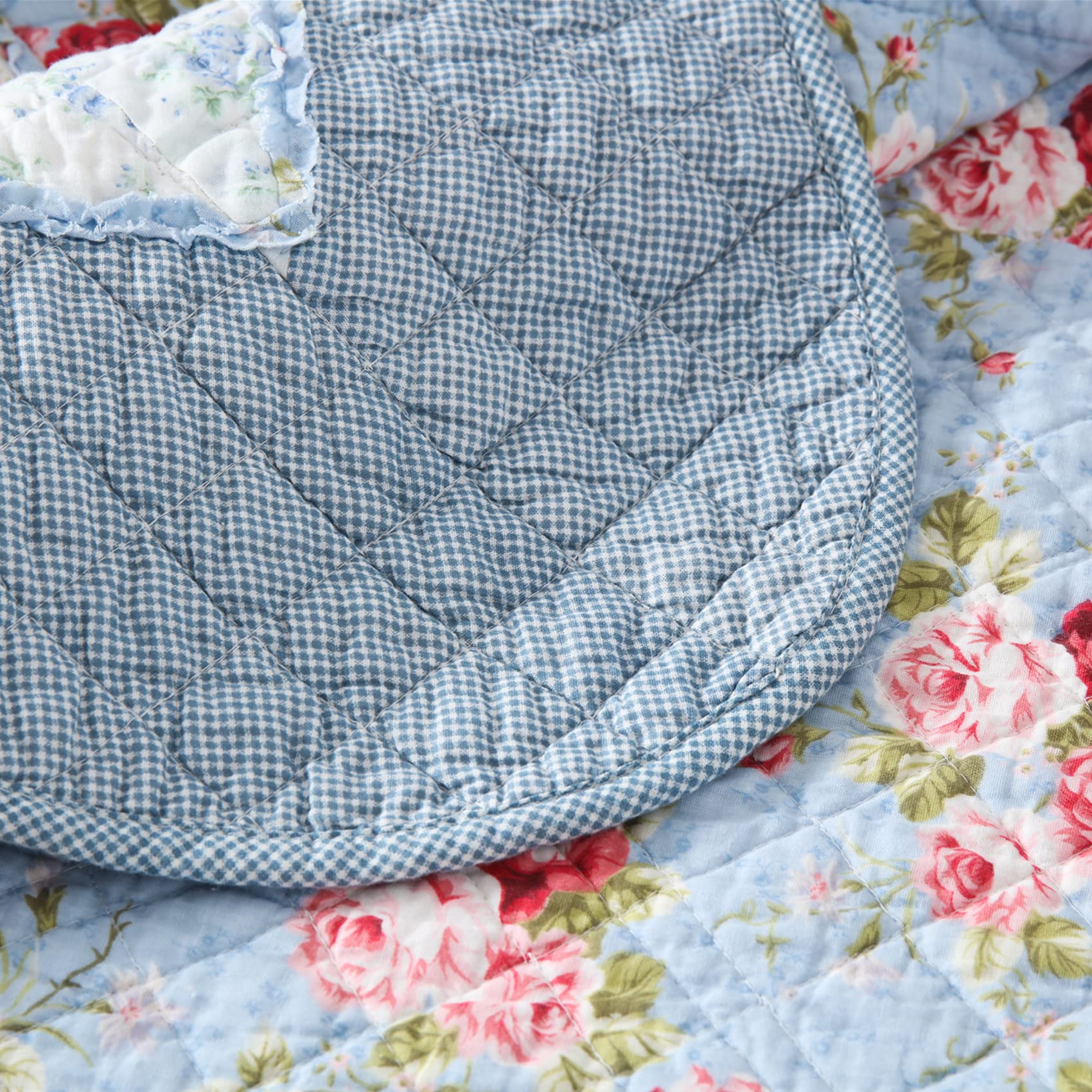 Qucover Single Patchwork Quilt – Blue Floral Cotton Bedspread 150x200cm