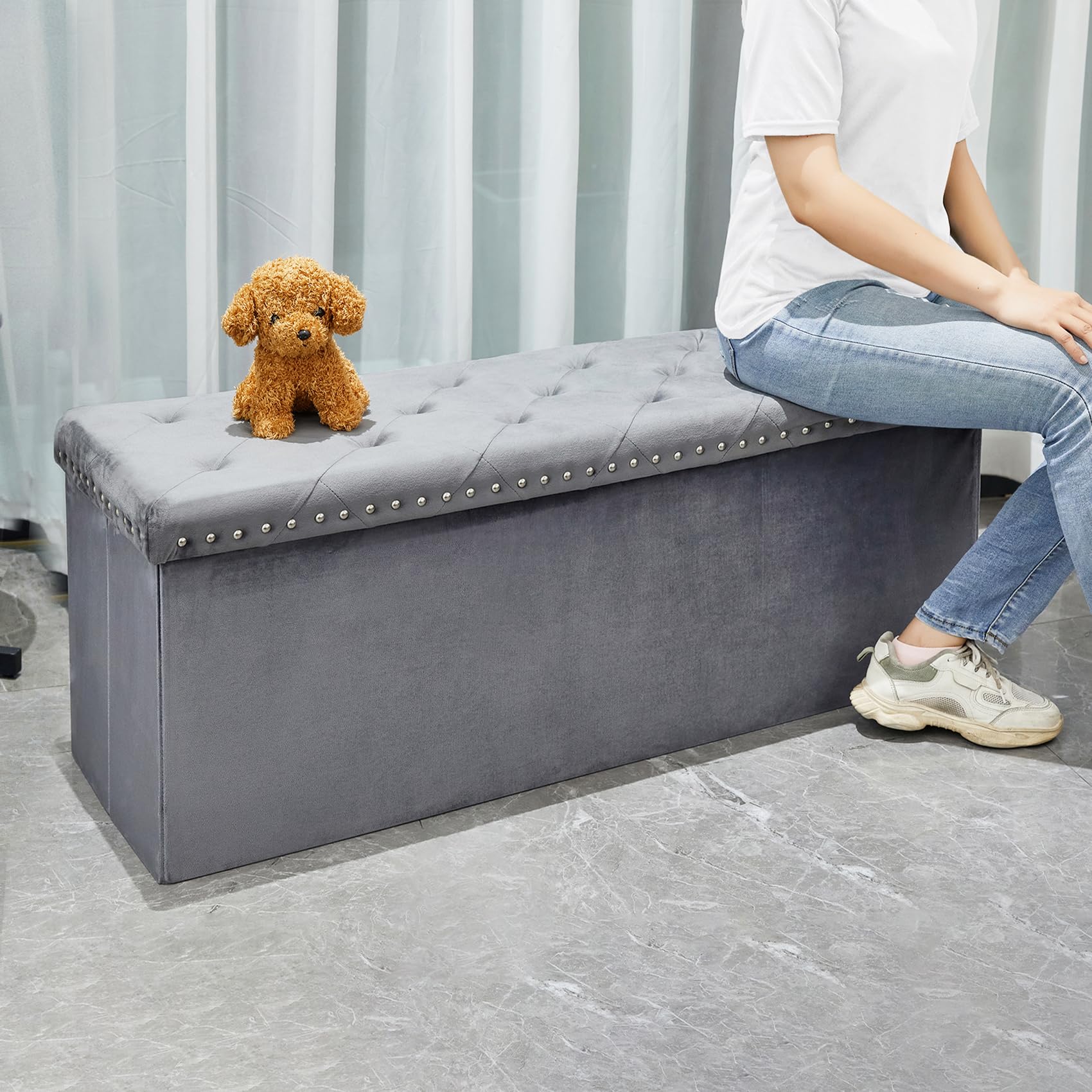 Bonlife Grey Velvet Storage Ottoman Bench – Large Folding Footstool