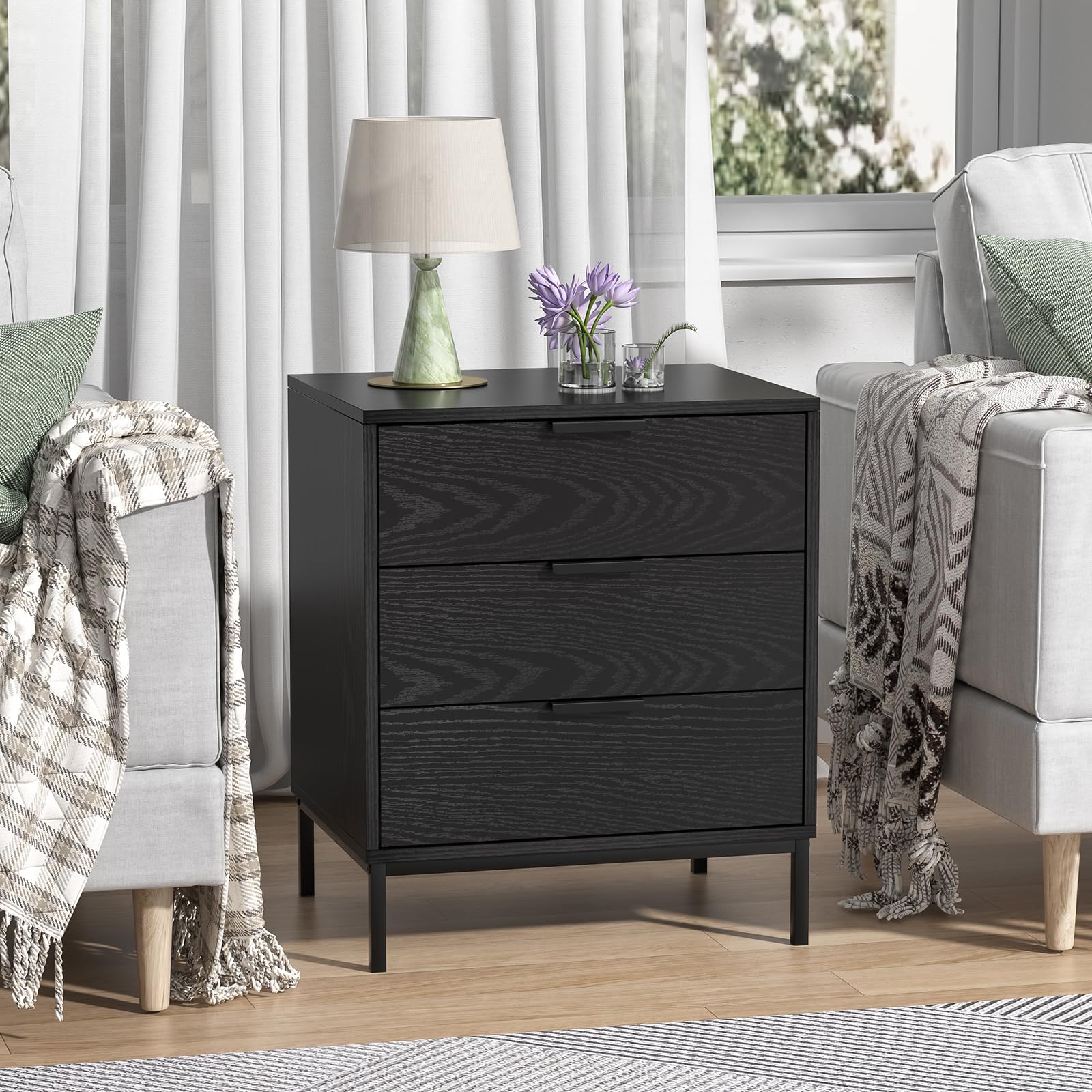 Yvsevnr Black Wooden Bedside Table | 3-Drawer Modern Nightstand with Metal Legs