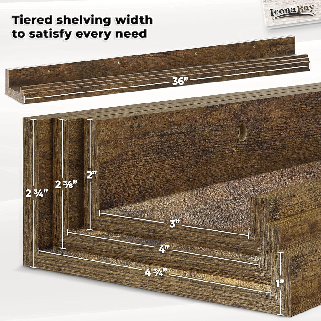 Icona Bay 36" Floating Shelves | Set of 3 Walnut Brown Modern Wall Ledges