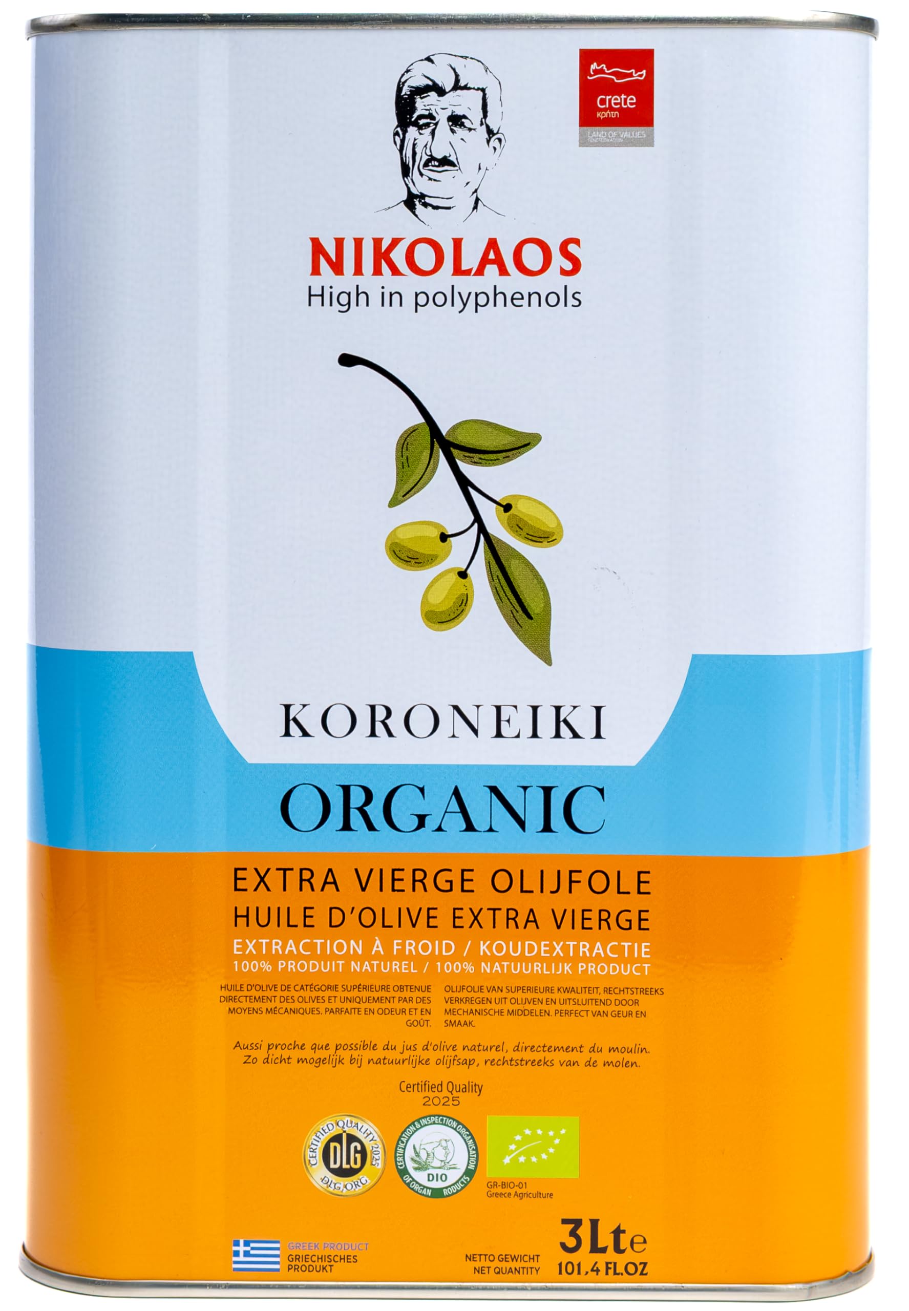 Nikolaos Organic Extra Virgin Olive Oil – Greek Koroneiki (3 Liter)