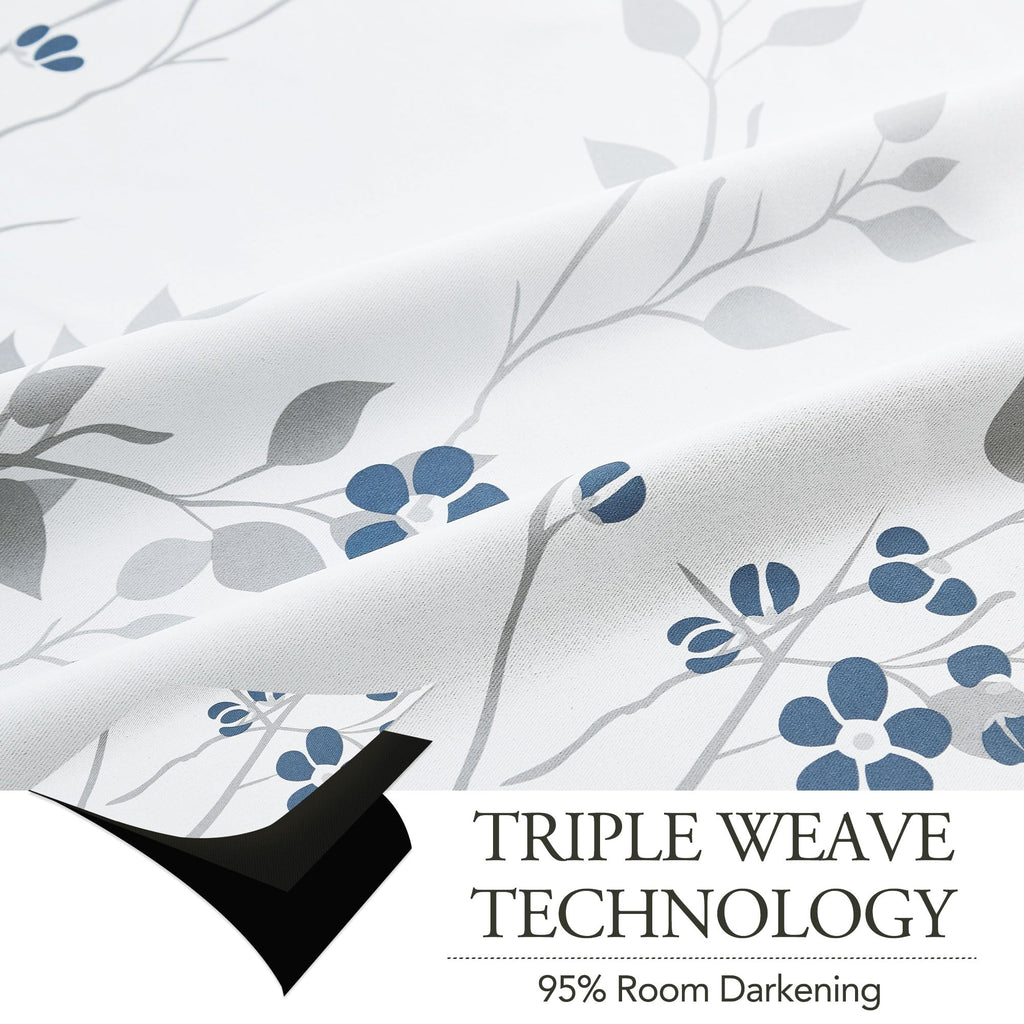 Beauoop Blue Grey Floral Blackout Curtains | Thermal Insulated 2 Panels