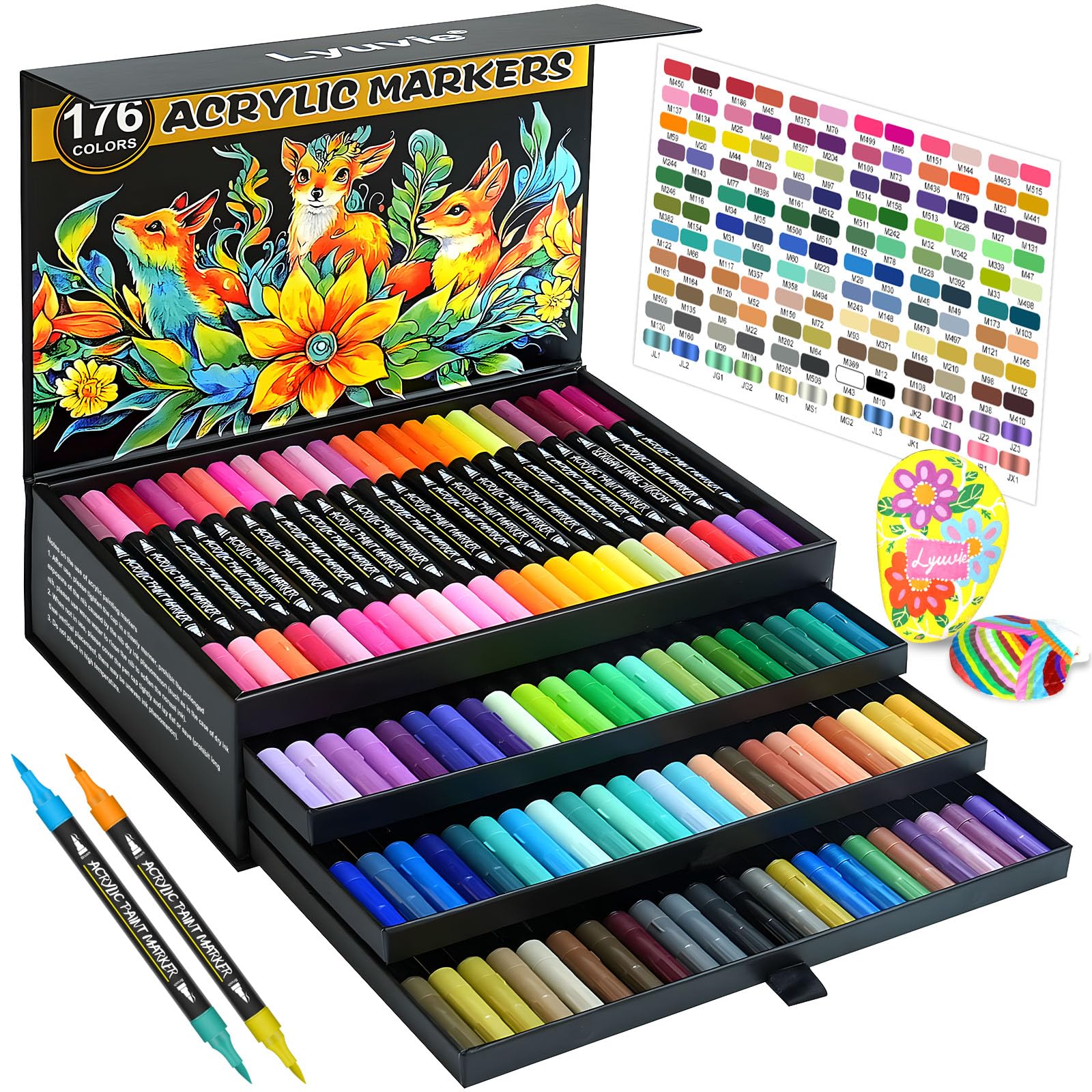 Lyuvie 176-Color Acrylic Paint Markers | 88-Pack Brush Tip Pens for Rock