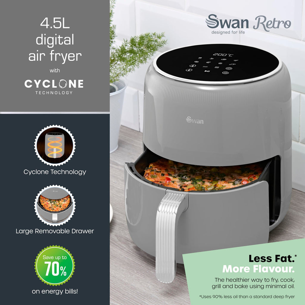 Swan Retro Digital Air Fryer – 4.5L 1500W with 8 Pre-Sets, Grey