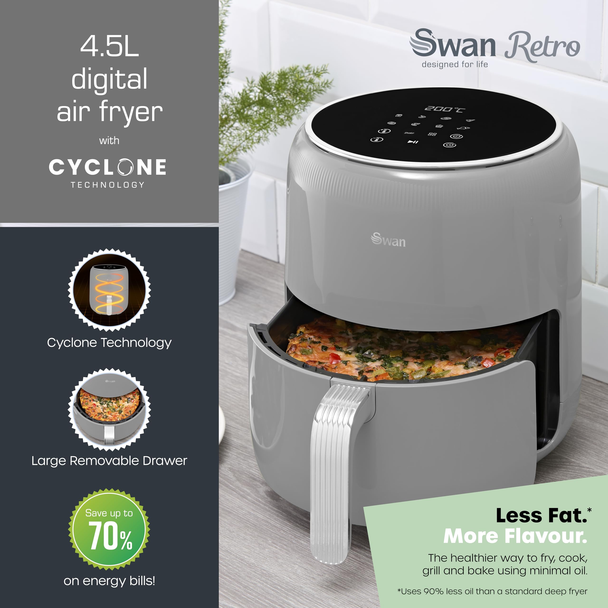 Swan Retro Digital Air Fryer – 4.5L 1500W with 8 Pre-Sets, Grey