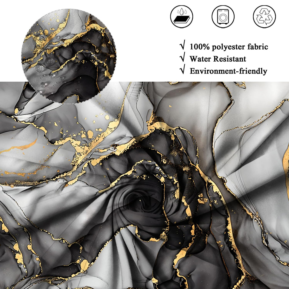 ASDCXZ Black Marble Shower Curtain 180x200 cm, Modern Abstract Art Gray Black Gold Marble Optics Texture Waterproof Bath Curtain Polyester Textile - image 5
