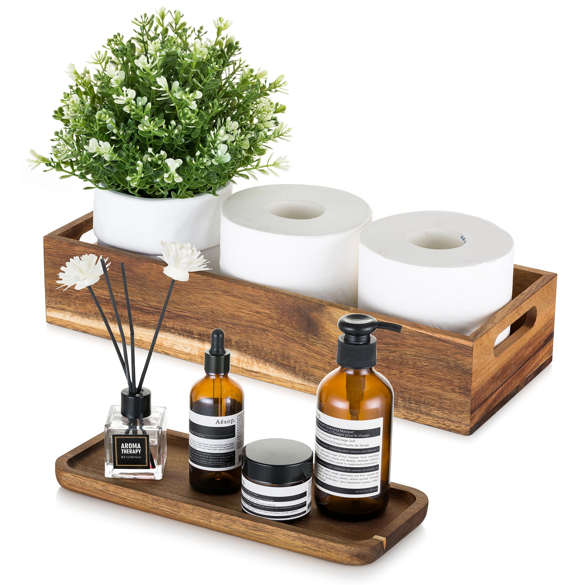 Hanobe Acacia Wood Bathroom Tray Set – 2-Piece Rustic Vanity Storage Box