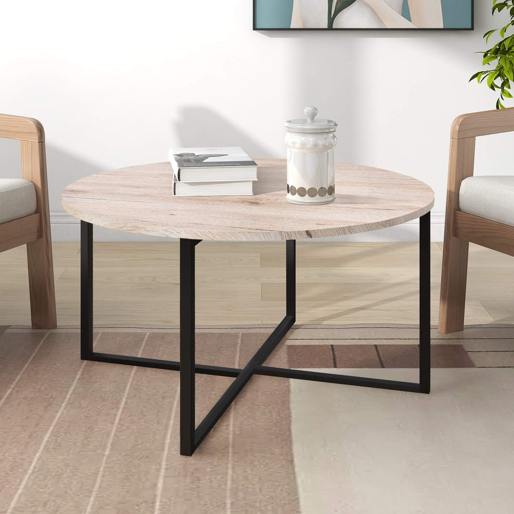 Jolof Store Round Coffee Table – Modern Wood and Metal Tea Table