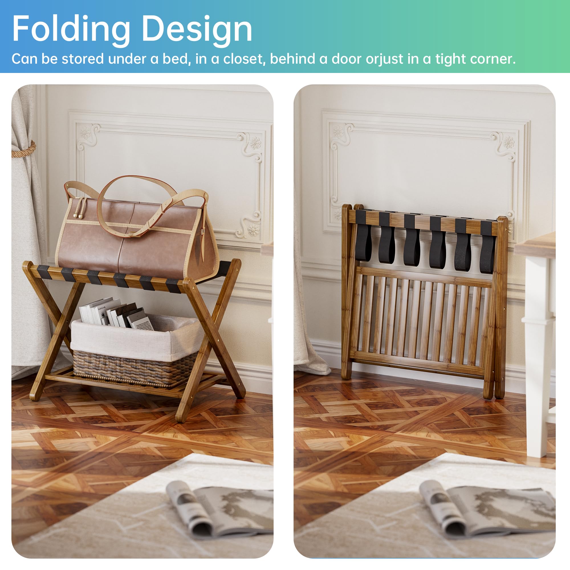 SMIBUY Foldable Bamboo Luggage Rack with Storage Shelf - Walnut