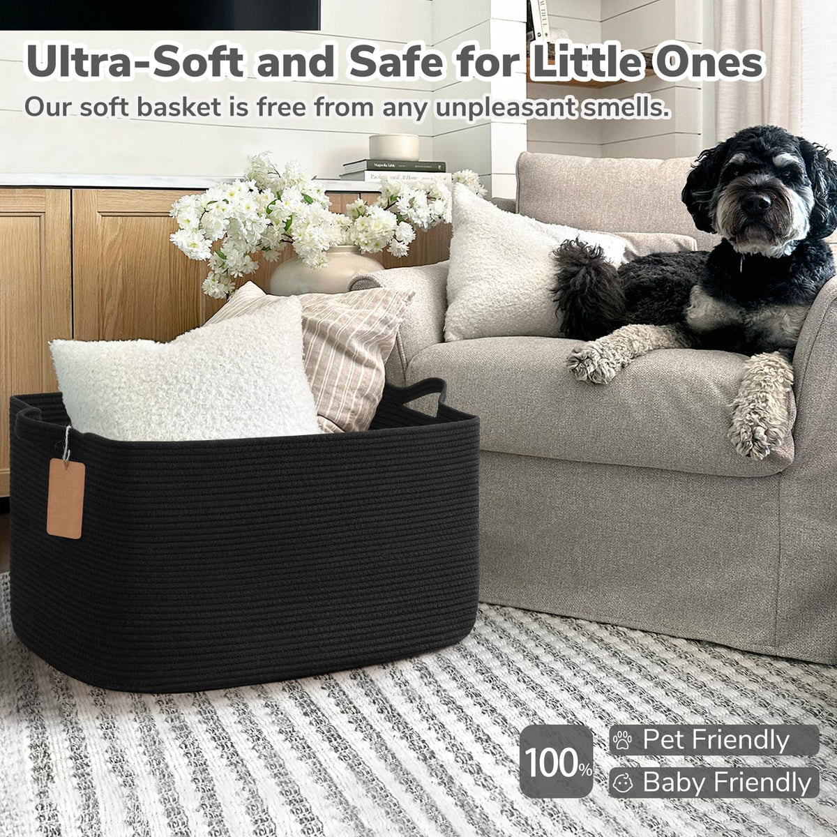 TIMEYARD 75L Large Woven Storage Basket Blanket Toy Storage Basket Black