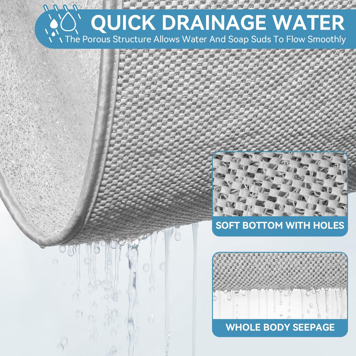 Muecleao Loofah Shower Mat, Non Slip Anti Mould Bath Mats with Reinforced Edge for Inside Shower, Washable Antibacterial Soft PVC Bath Mat with Drain - image 3