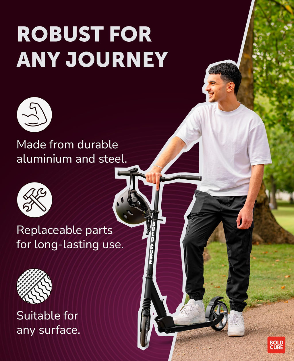 BOLDCUBE Big 2 Wheel Scooter for Kids & Teens - 200mm Wheels - Magenta