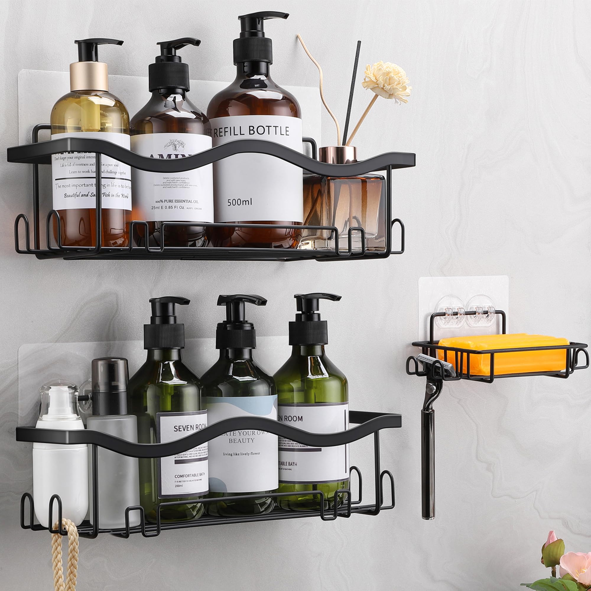 ALOCEO Shower Caddy 3 Pack | Matte Black Stainless Steel No-Drill Shelf