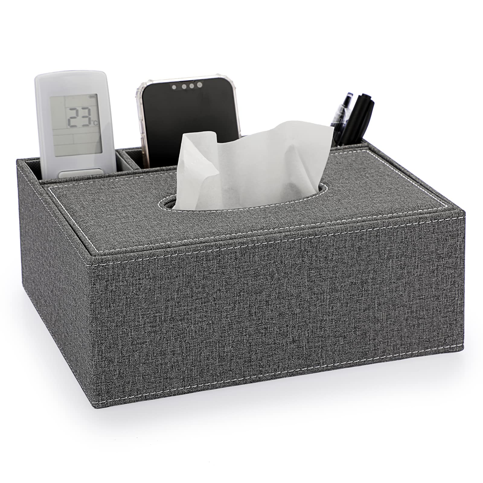 BTSKY Linen Tissue Box Holder with Remote Control Storage Desk Organizer