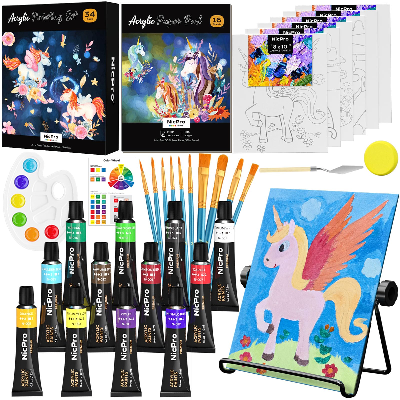 Nicpro 34PCS Acrylic Painting Set | Art Supplies Kit with Table Easel