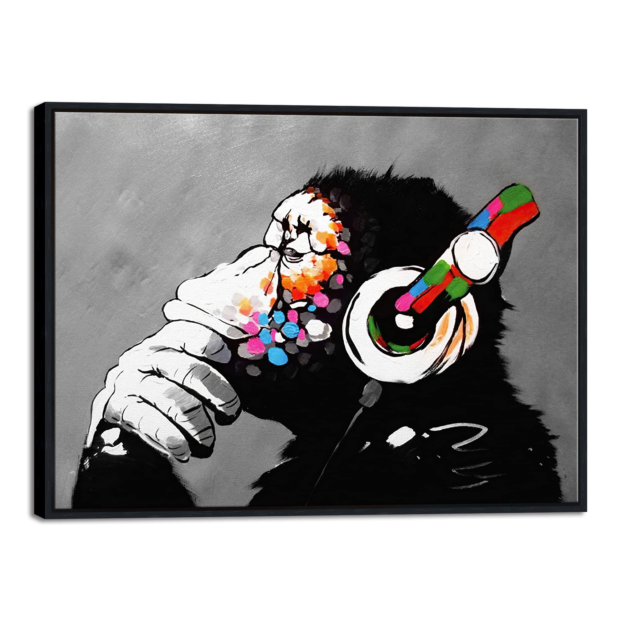 Banksy Monkey with Headphones Framed Canvas Wall Art – 29x21