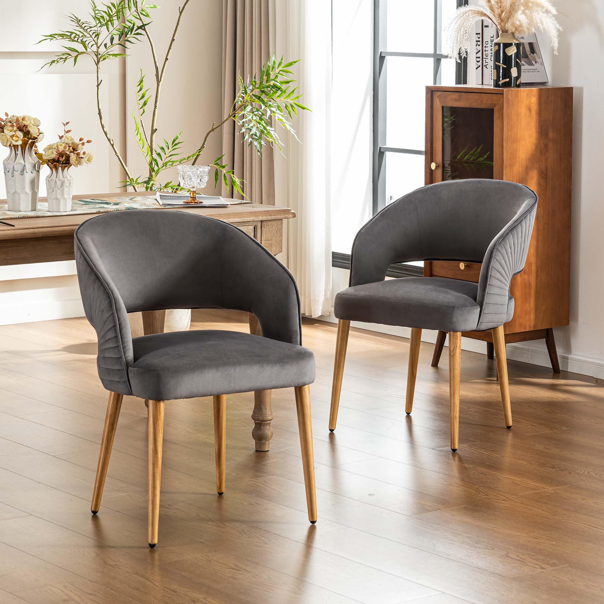 younturn Modern Velvet Dining Chairs Set of 2 | Grey Upholstered Armchairs