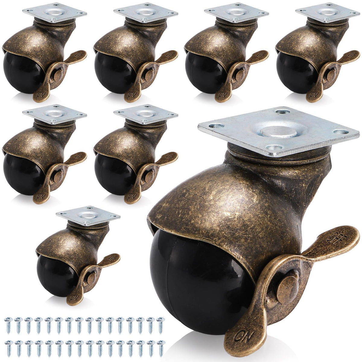 Goaste 8 Pack 50mm Ball Caster Wheels, Antique Brass Swivel Casters with Brakes, Vintage Spherical Ball Casters with Sockets - image 1