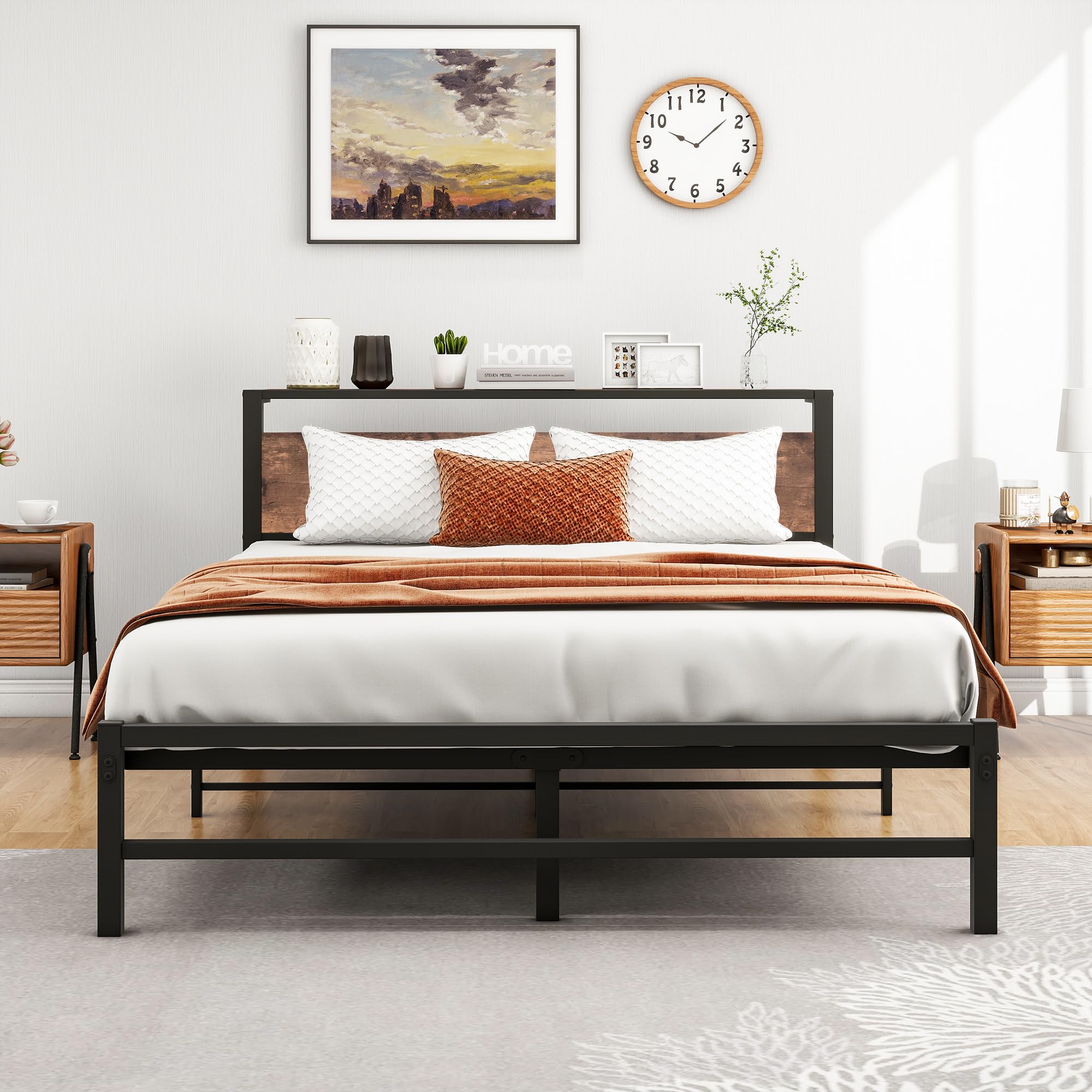 VERFARM King Metal Platform Bed Frame with Storage Shelf Headboard