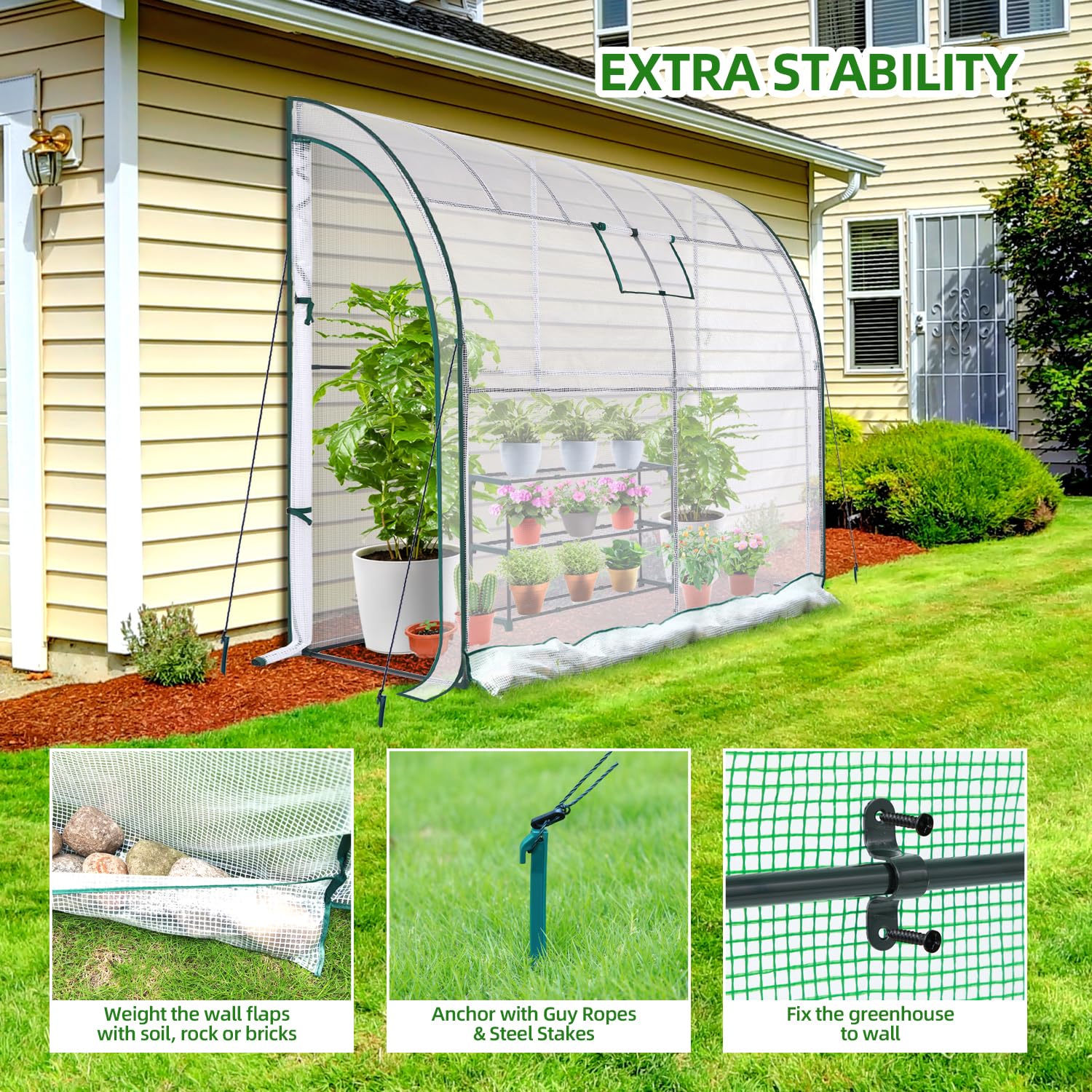 Ohuhu Lean-to Walk-in Greenhouse with 3-Tier Shelving - 200x100x210 cm