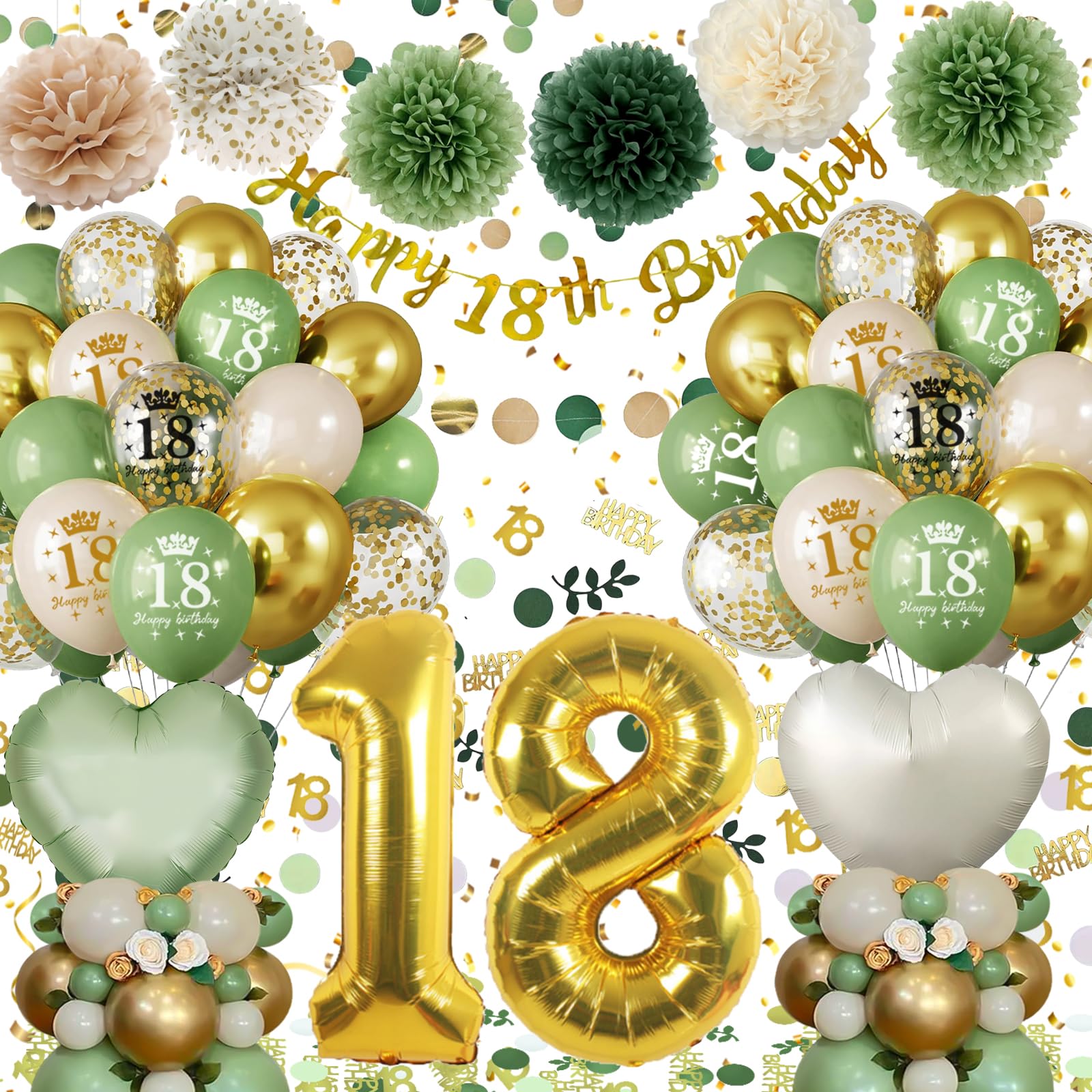 18th Birthday Decorations - Green Gold Balloon Set with Banner