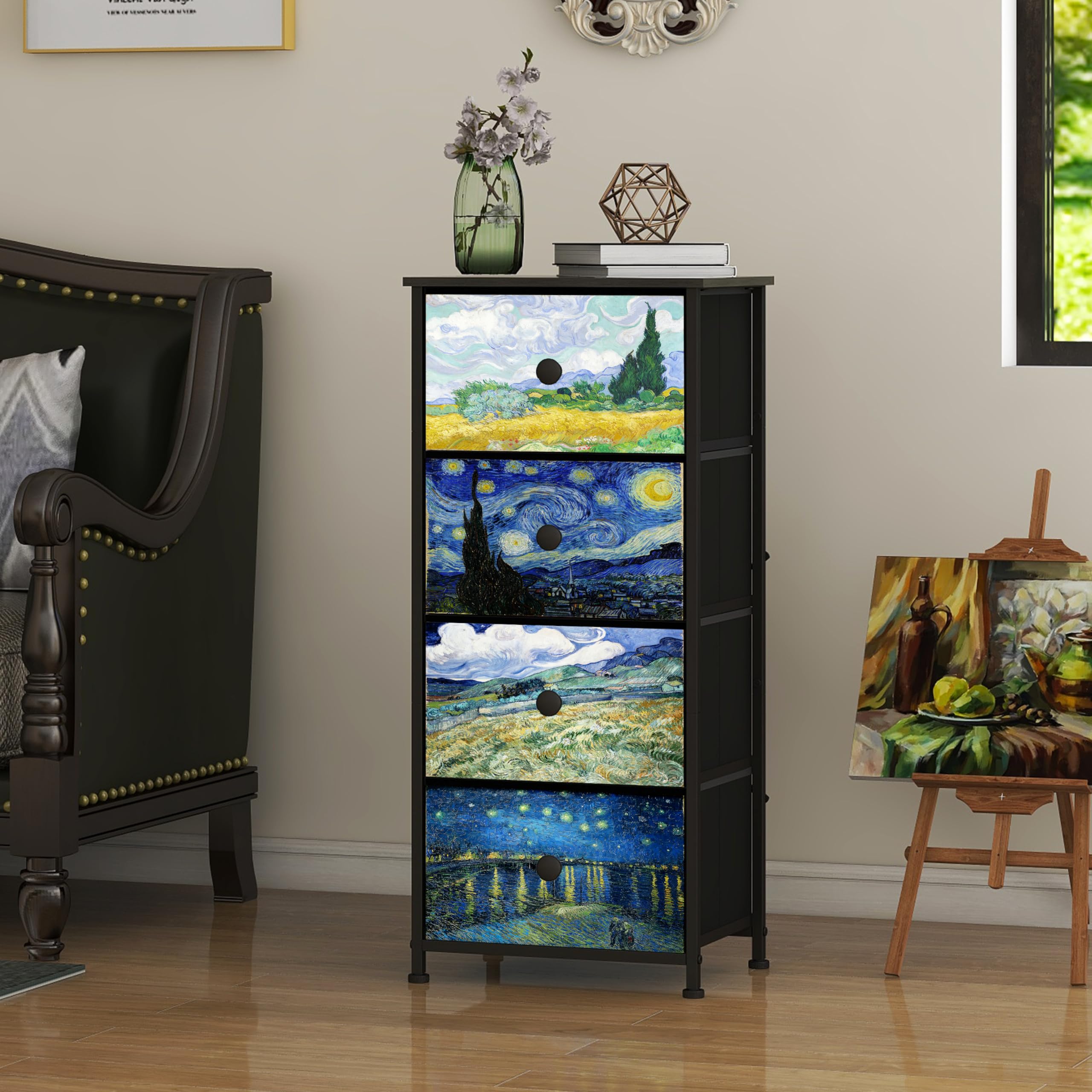 Welfuturer Van Gogh 4-Drawer Fabric Dresser – Vintage Storage Nightstand