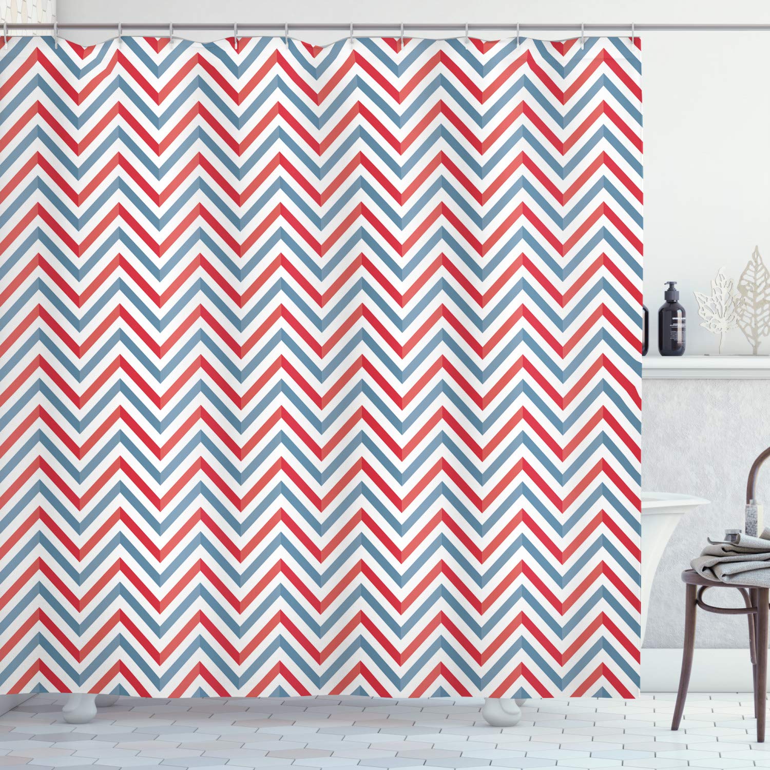ABAKUHAUS Retro Zig Zag Shower Curtain | Pastel Geometric Fabric – 78"