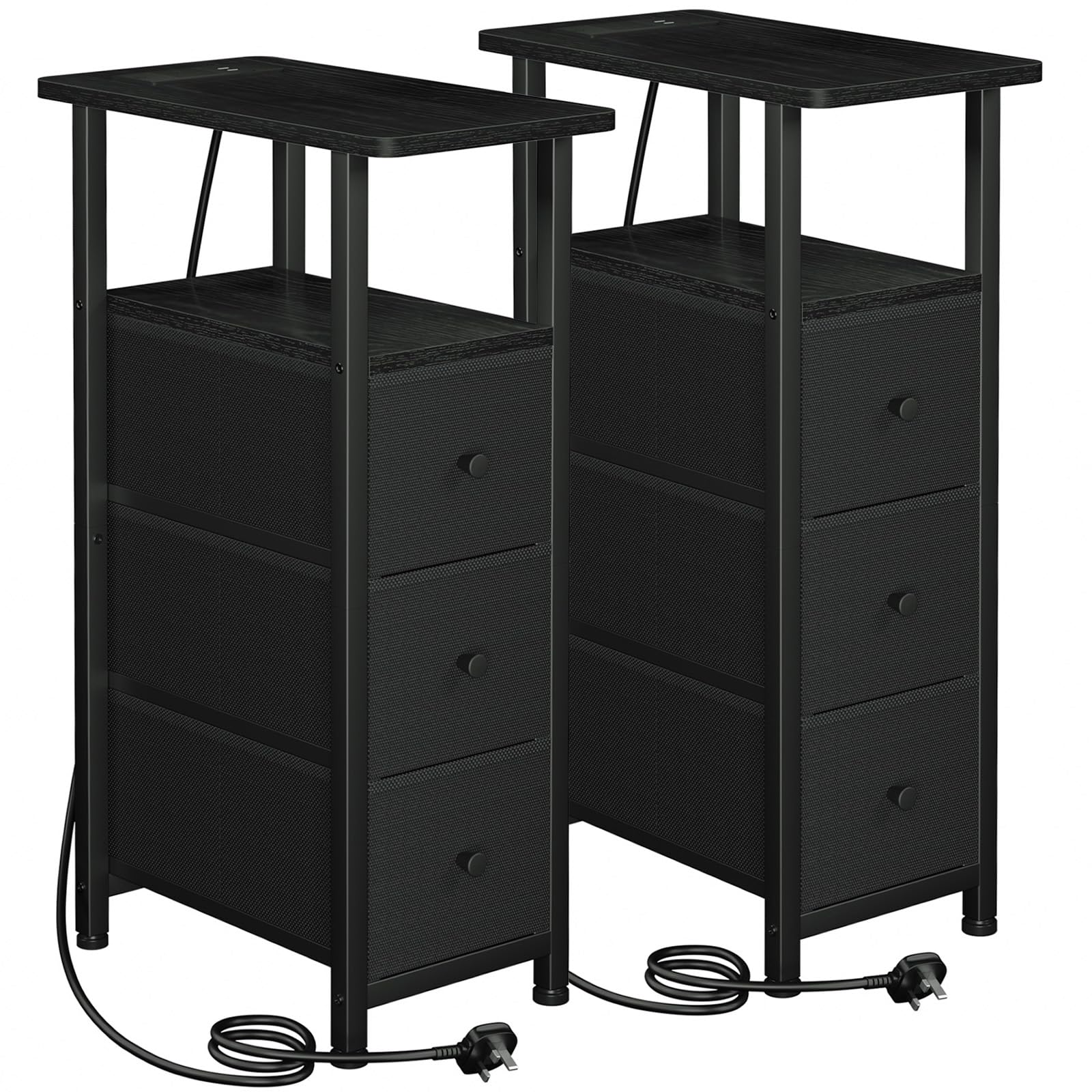 LOAKEKEL Slim Bedside Table Set of 2 with Charging Station & 3 Drawers