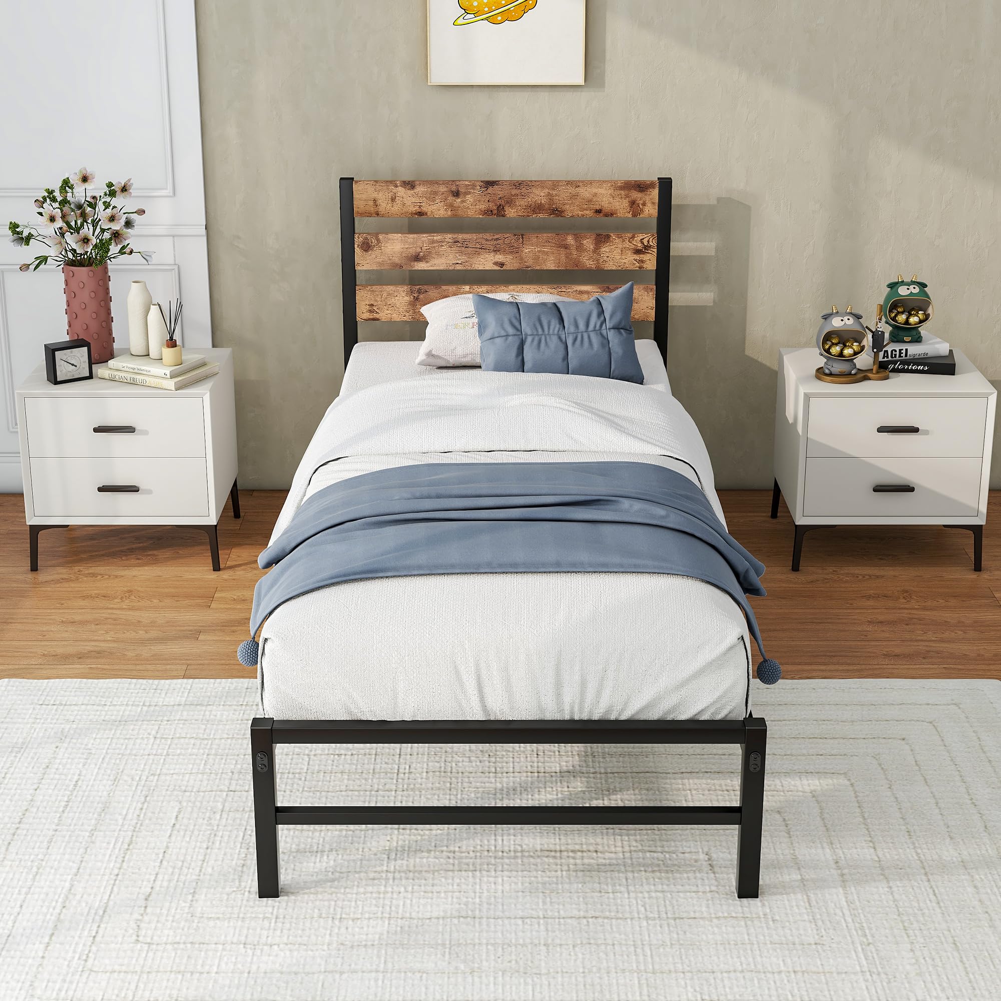 FOUBAM Metal Bed Frame 90x200cm | Industrial Wood Headboard & Slats