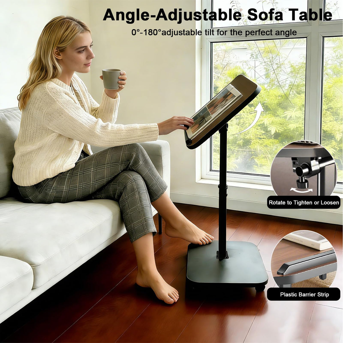 C Shaped Side Table, Sofa TV Tray Tables Adjustable Height & 180° Flip-Over Panel Design - image 4