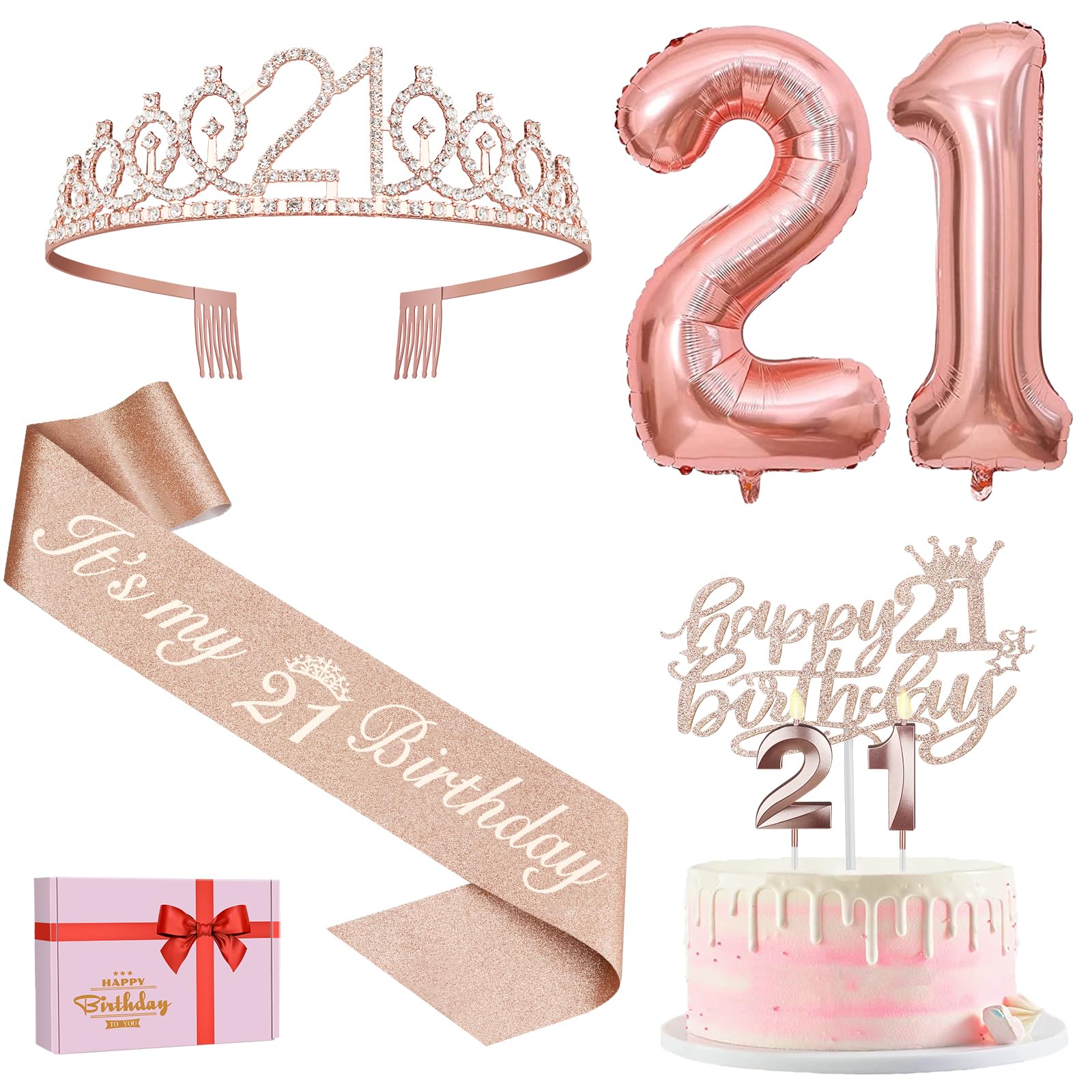 Amosking 21st Birthday Decorations for Her | Rose Gold Sash, Tiara & Balloons