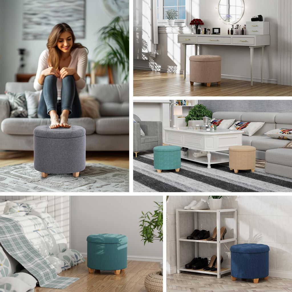 HNNHOME Round Linen Storage Ottoman – Padded Footstool Stool, 45cm