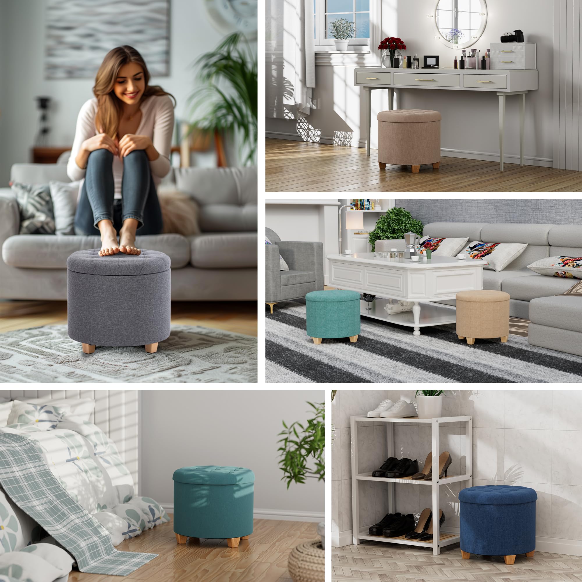HNNHOME Round Linen Storage Ottoman – Padded Footstool Stool, 45cm