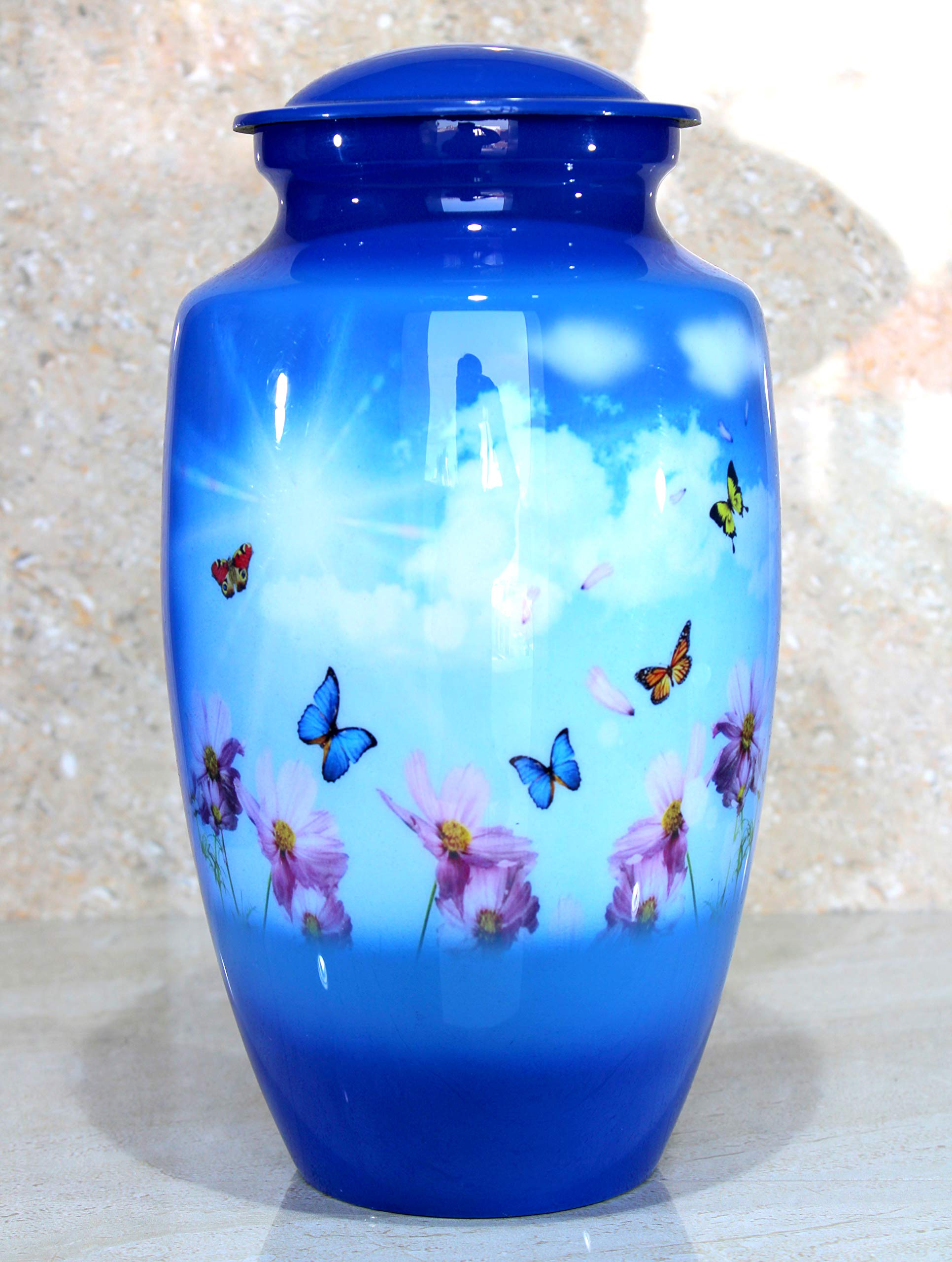 eSplanade Metal Cremation Urn - Blue Butterfly Memorial Jar for Ashes - 10"