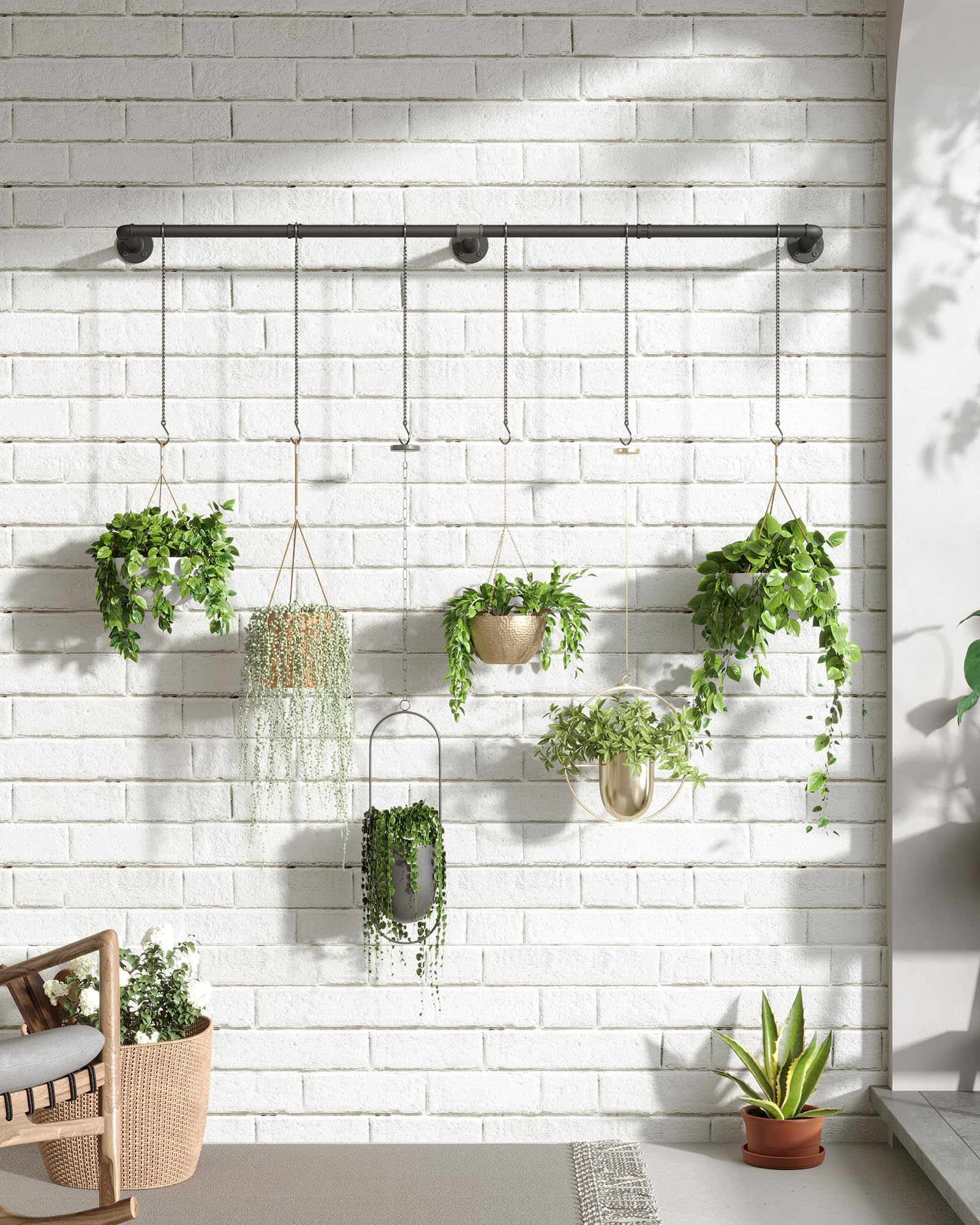 SOFITORG 65.7" Indoor Plant Hanger Rod | Black Metal Hanging Bar with 6 Chains