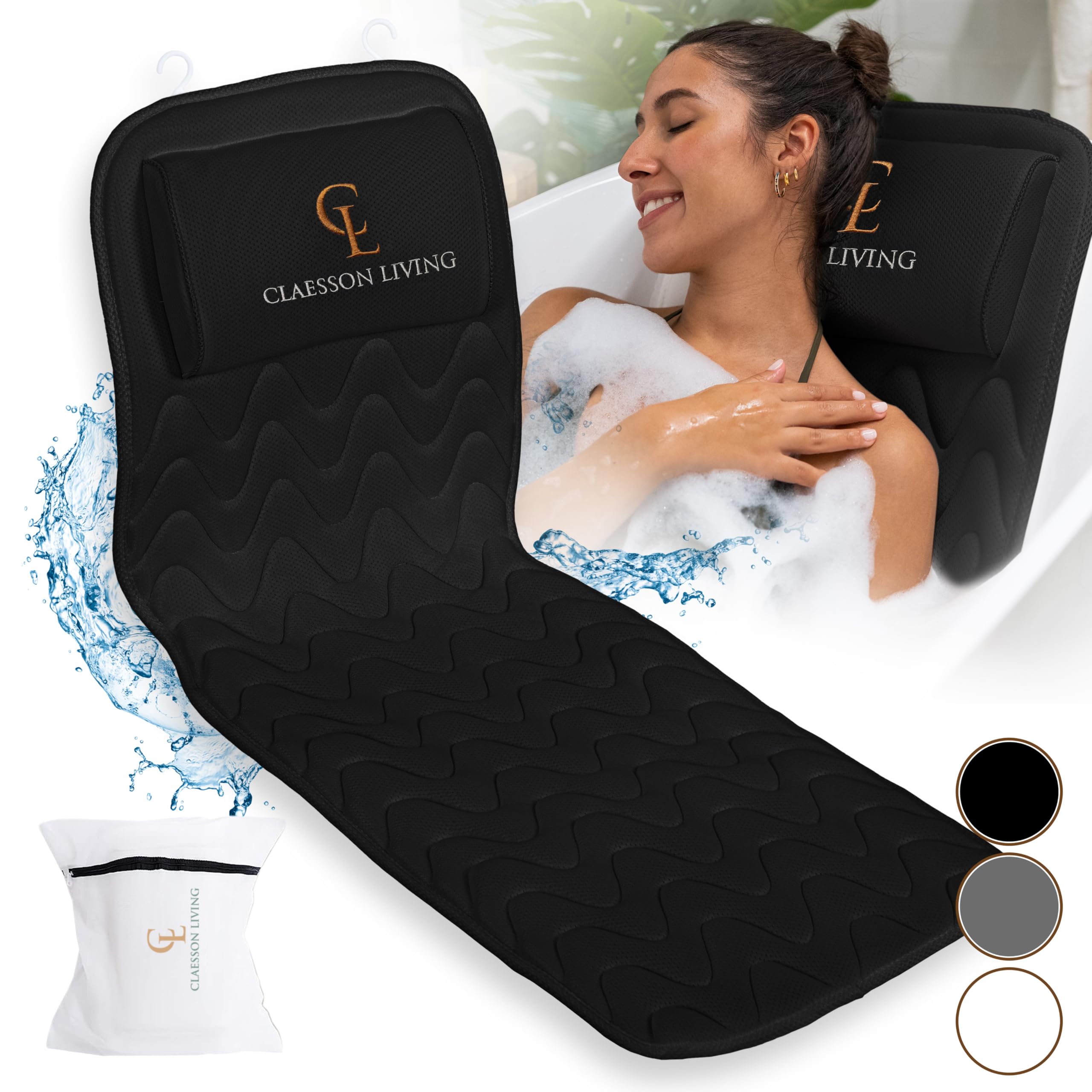 Claesson Living Full-Body Bath Pillow | 12 Suction Cups & Headrest – Black