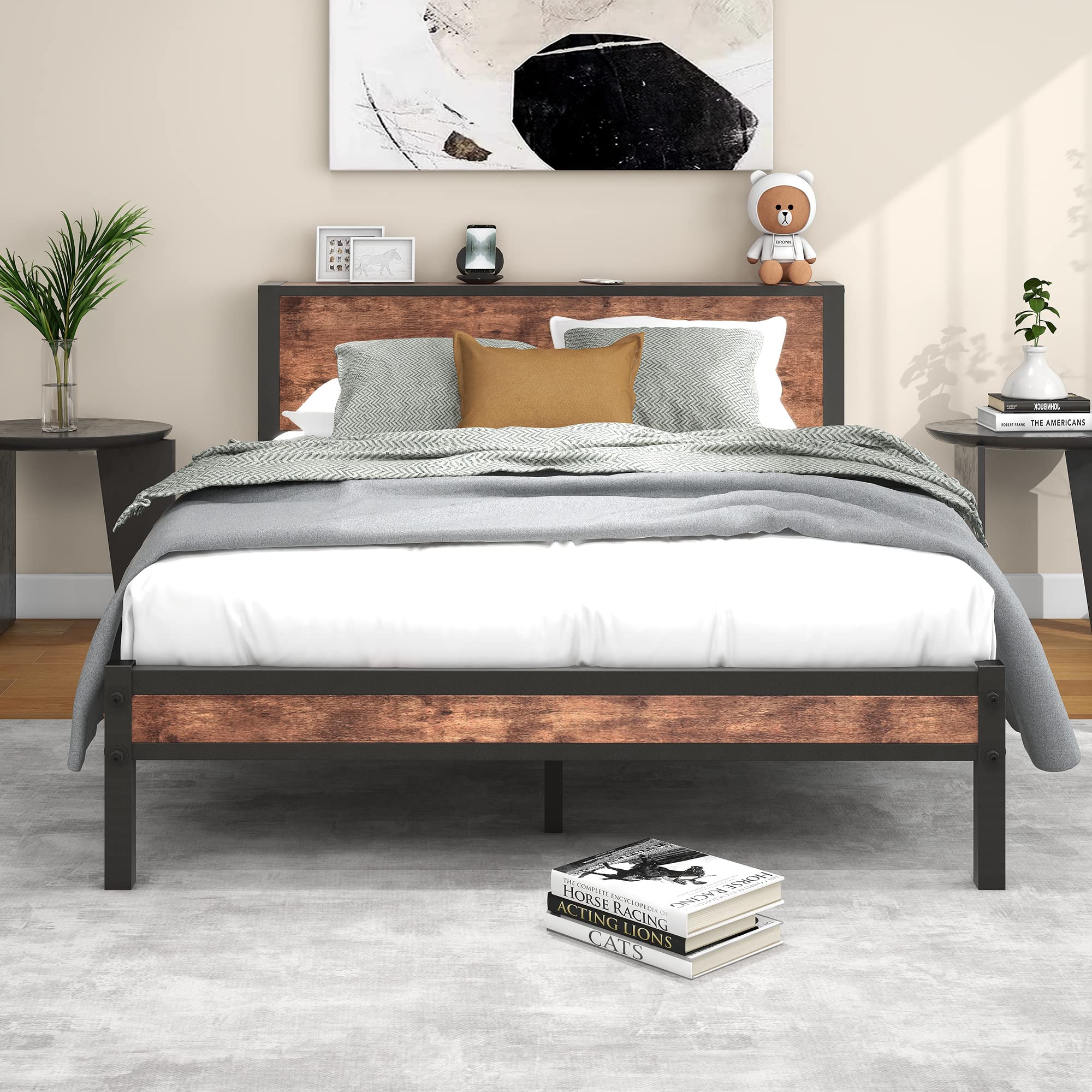 Diahomy King Size Metal Platform Bed Frame with Storage Headboard – Brown