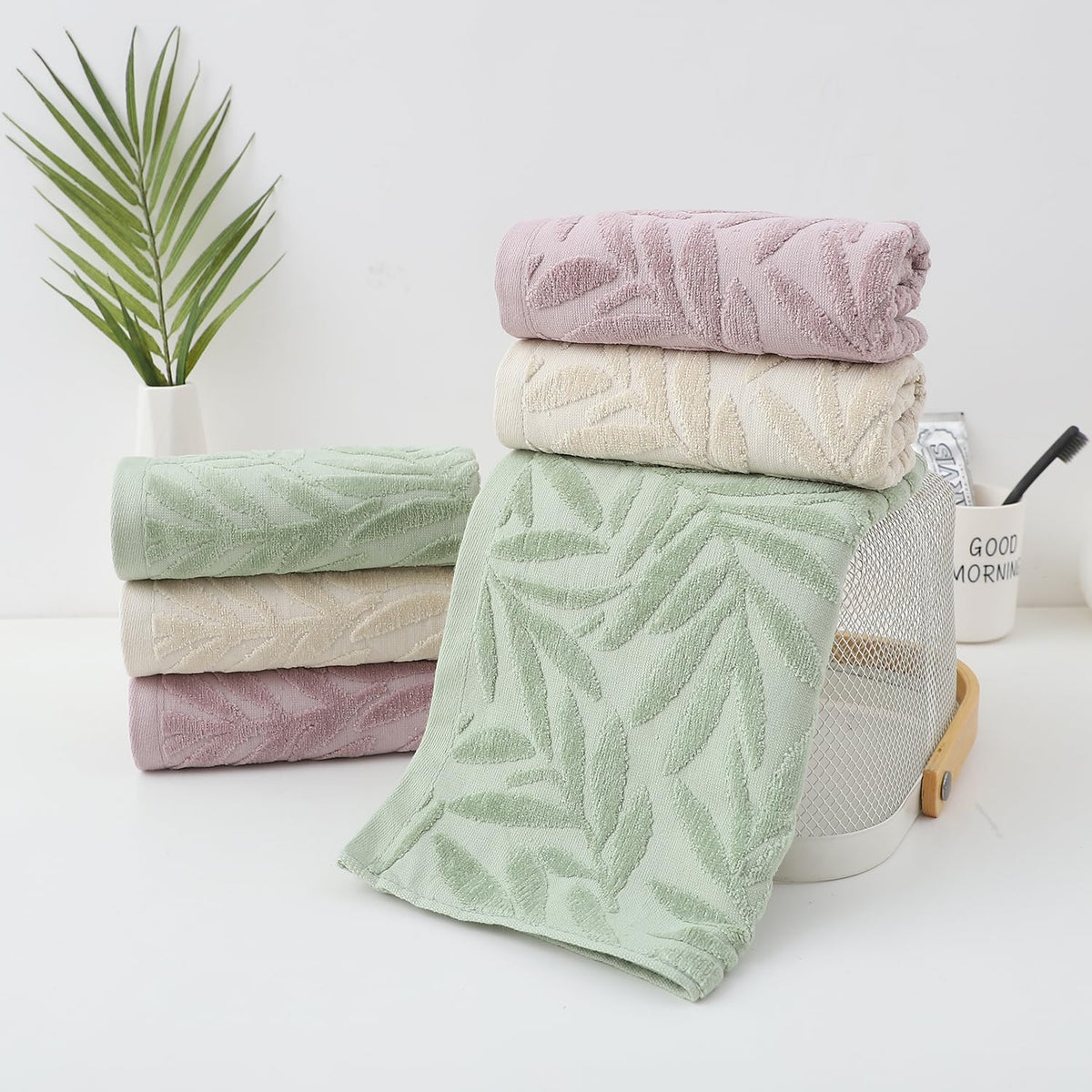 Pidada Hand Towels Set of 4 Leaf Pattern 100% Cotton Absorbent Soft Decorative Towel for Bathroom Light Brown - image 5