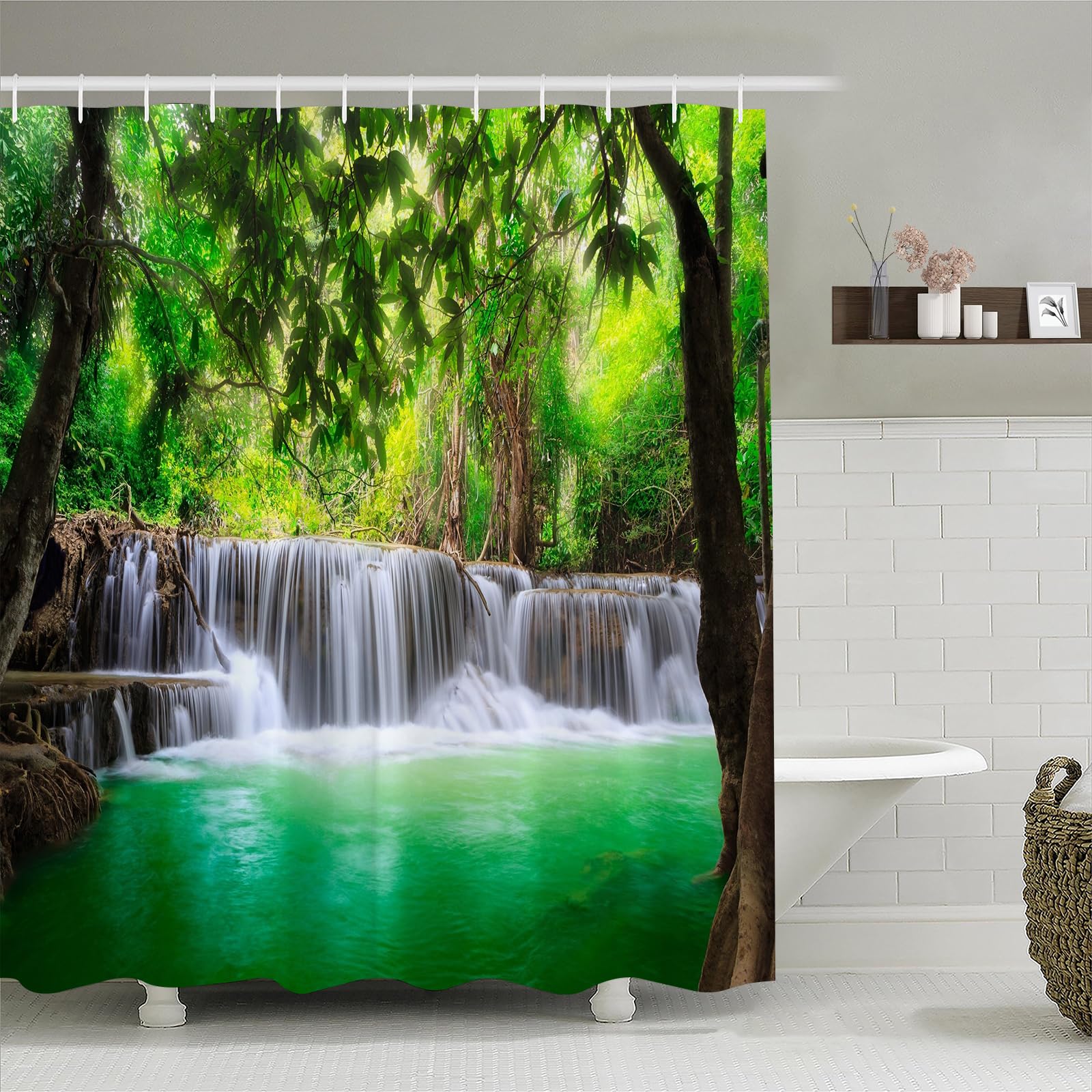 Simpomsy Forest Waterfall Shower Curtain | Waterproof 3D Nature Scenery