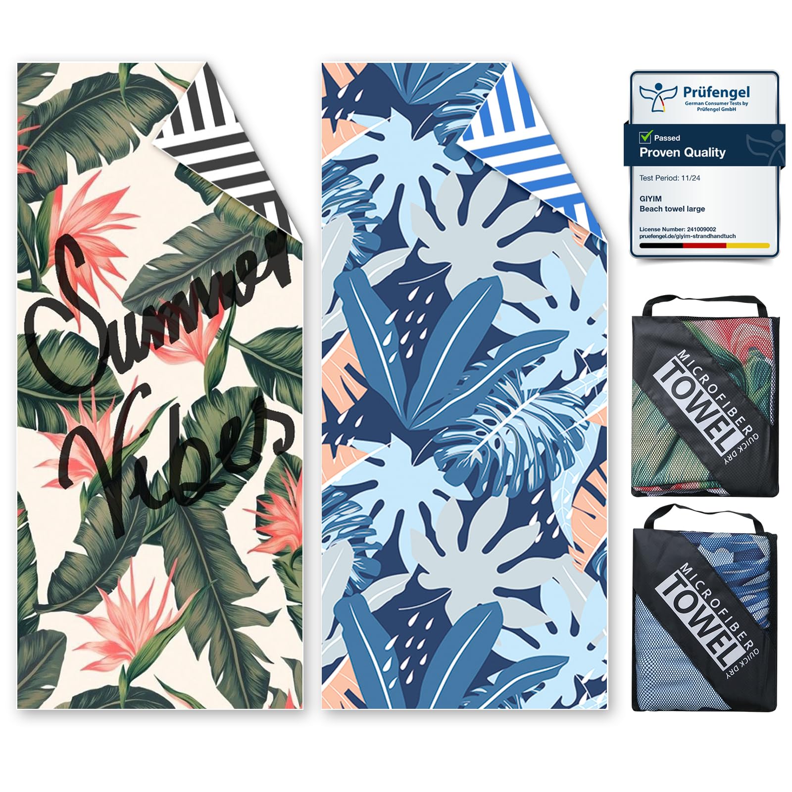 Jolof Store Extra Large Microfibre Beach Towels – 2 Pack Sand Free Quick Dry