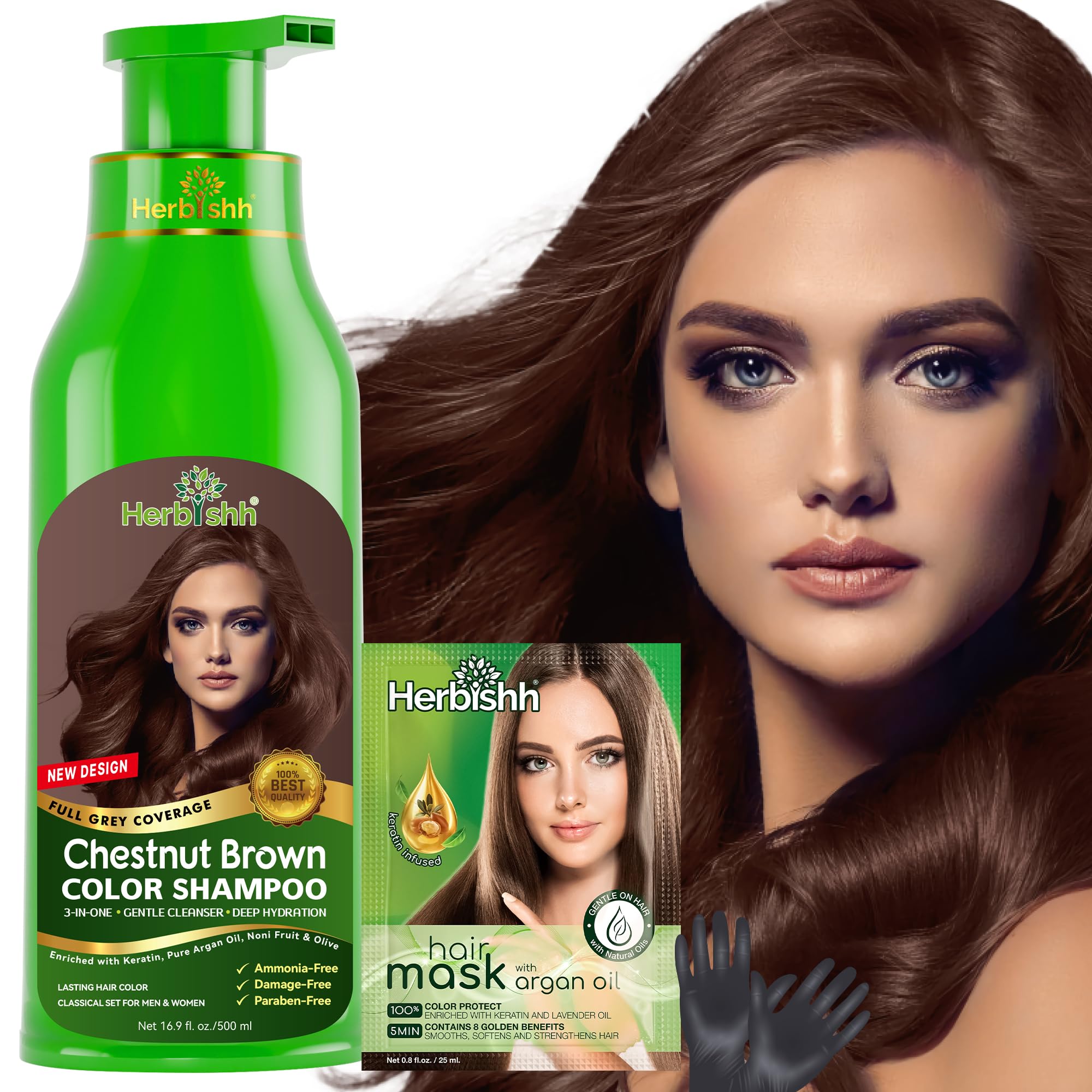 Herbishh Hair Color Shampoo – 3-in-1 Chestnut Brown Dye - 500ml