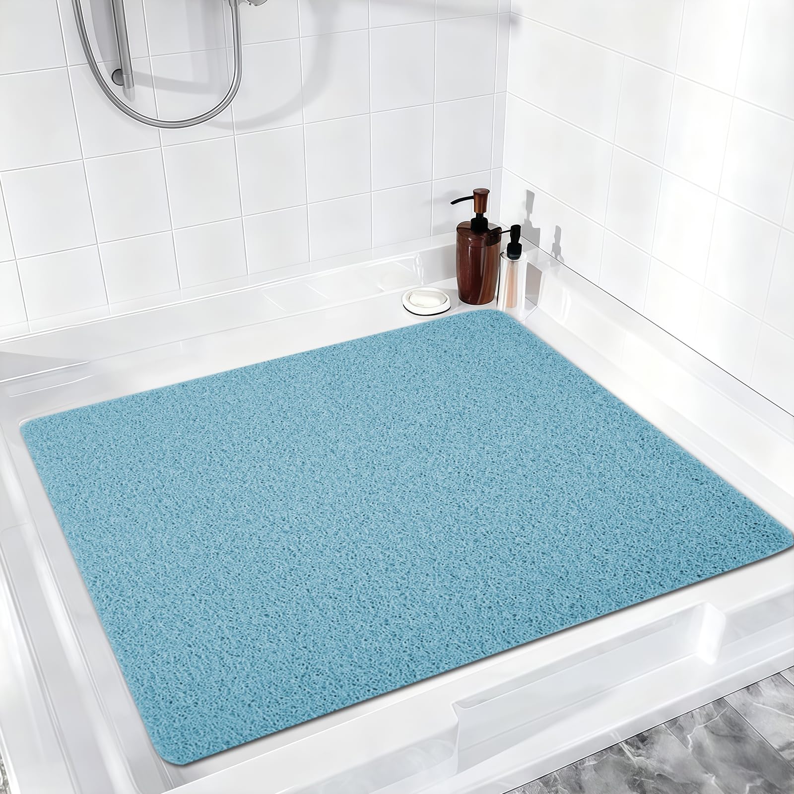 Square Loofah Shower Mat – 60x60cm Non-Slip Anti-Mould Blue