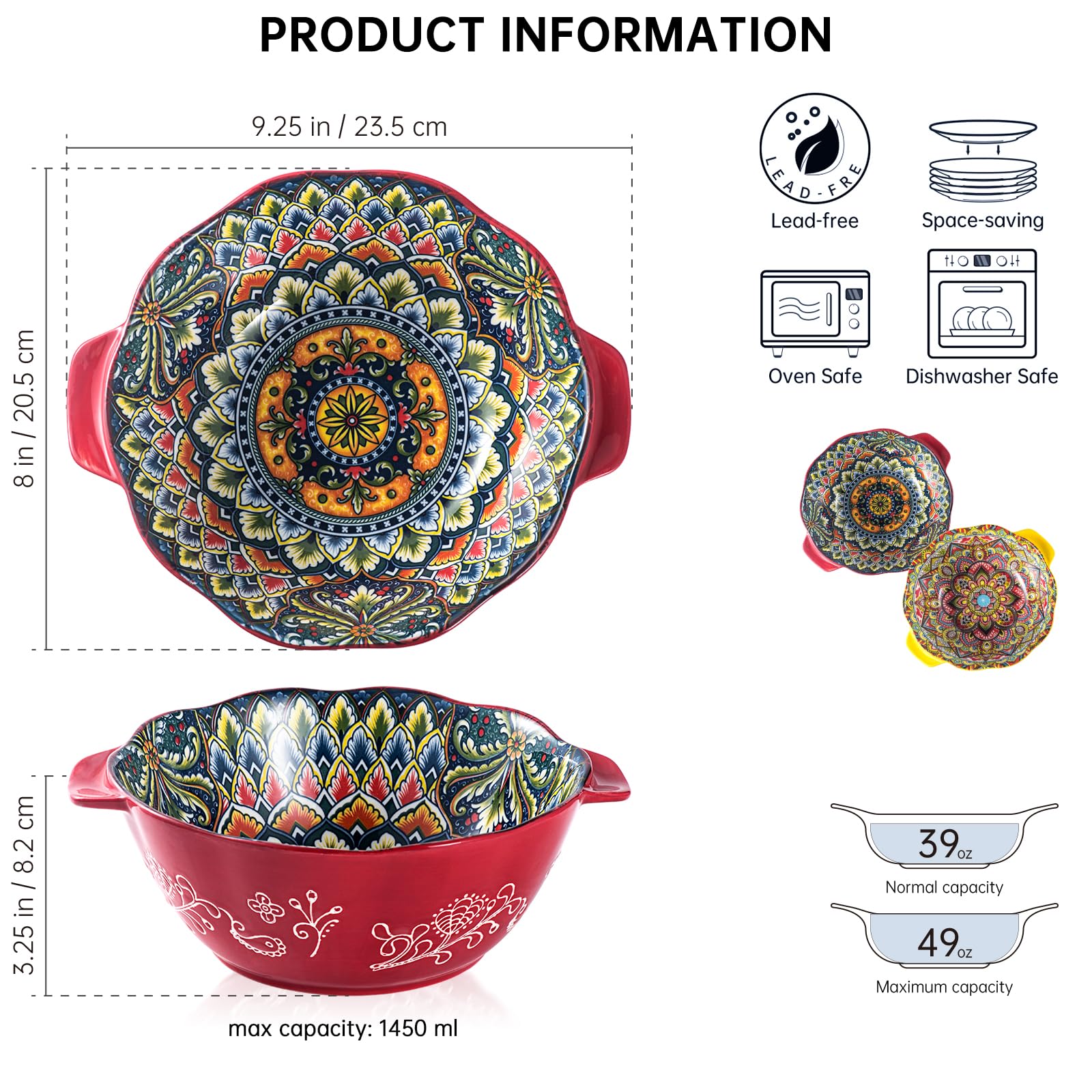 Henten Home Bohemian Ceramic Salad Bowls with Handle, 49 Oz - Set of 2