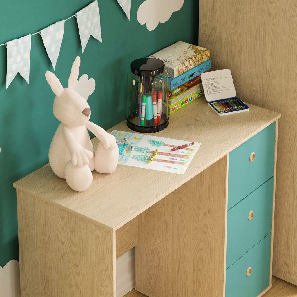 Junior Vida Neptune 3 Drawer Desk Computer Dressing Table PC/Laptop Home Study Workstation Children Kids Furniture Blue & Oak - image 3