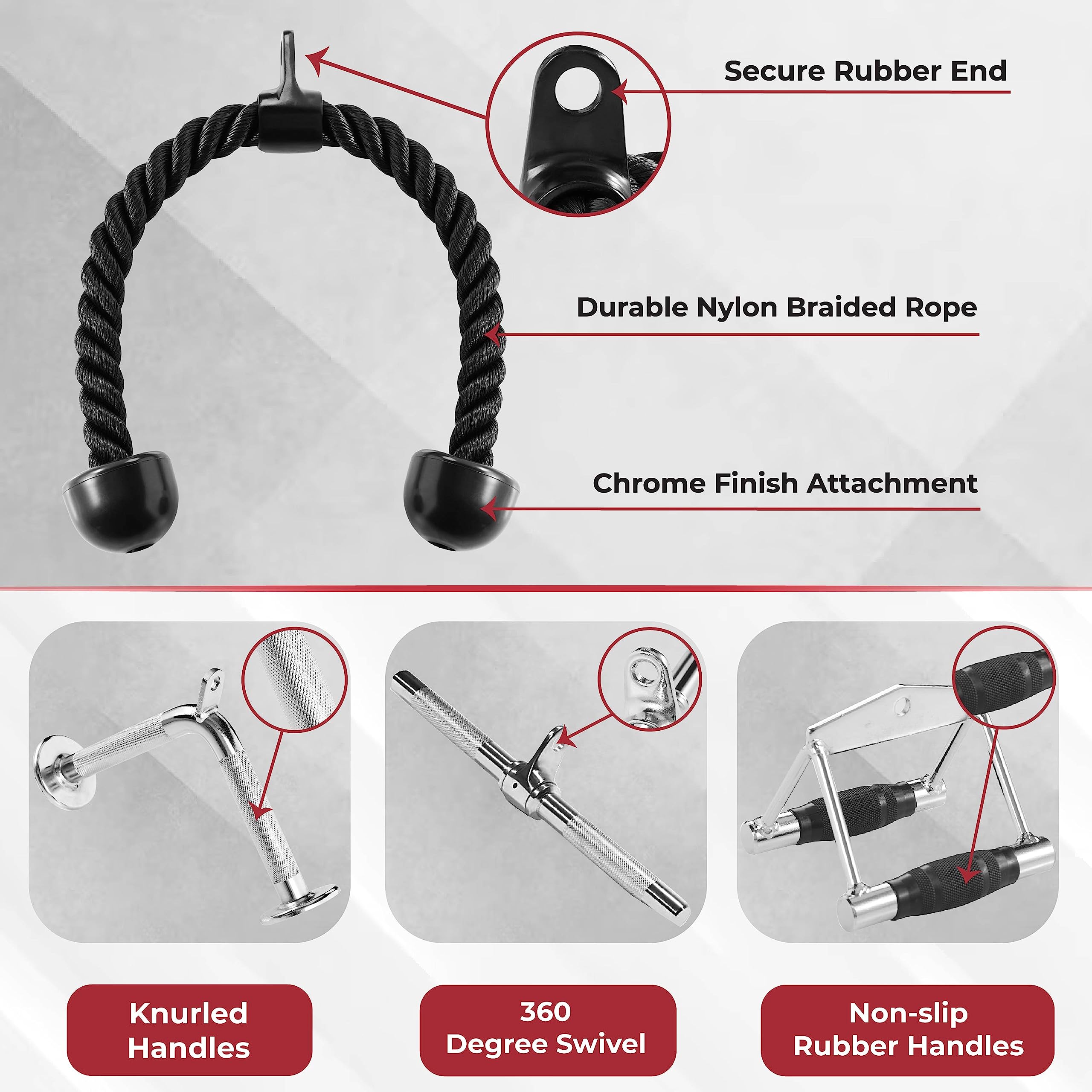 Yes4All 4-Piece Cable Attachment Set: Tricep Rope, V-Bar, and Straight Bar