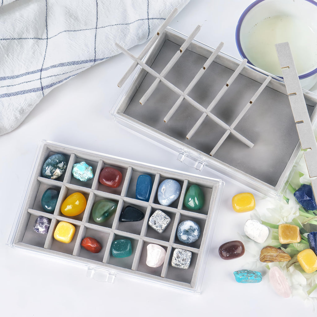 Dmnnlp Rock Display Case, 3 Drawers 54 Grids Rock Collection Box, Storage Cases for Gemstone Fossil Crystal Stone Jewellery Grey