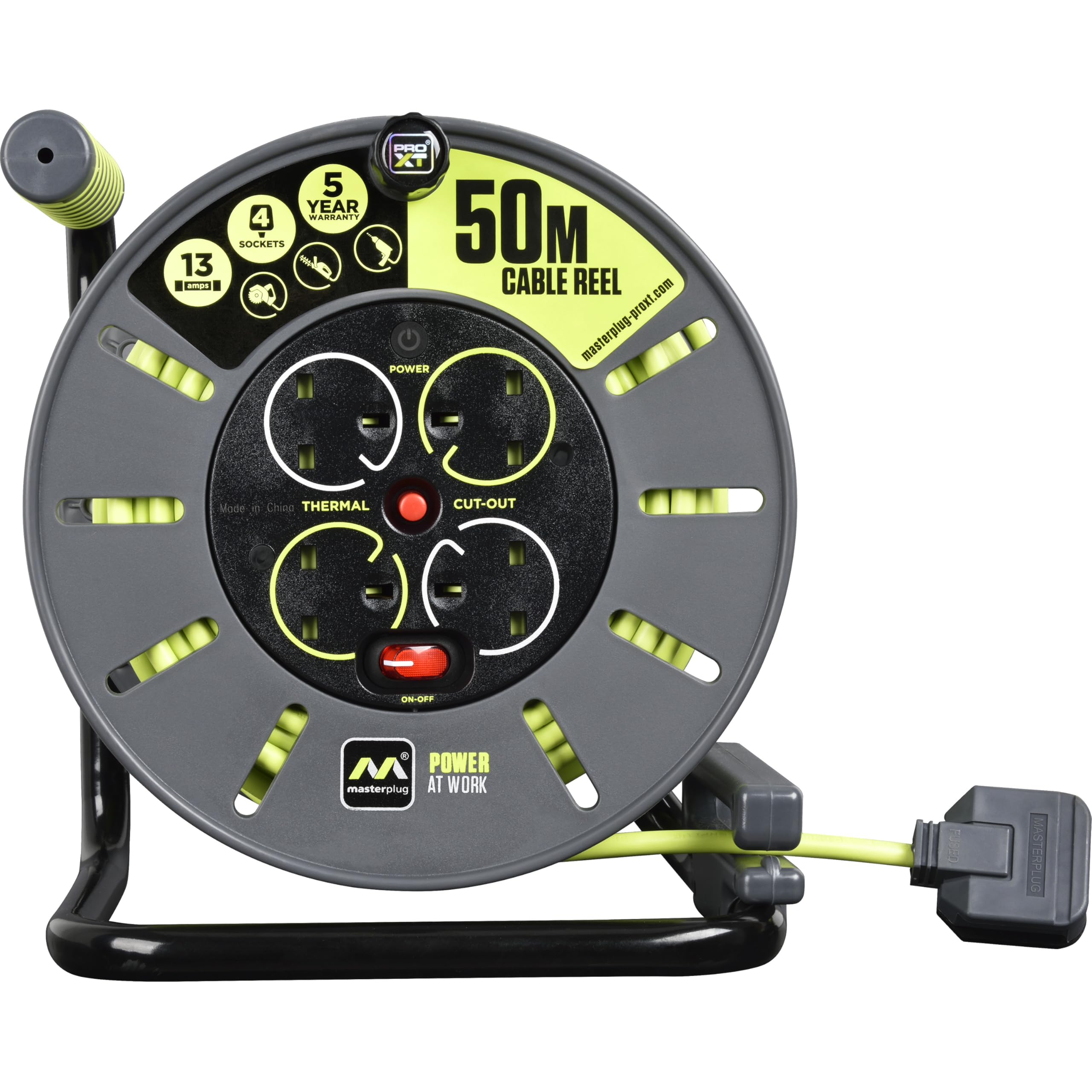 Masterplug Pro-XT 4-Socket Open Cable Reel | 50m High Visibility Cable
