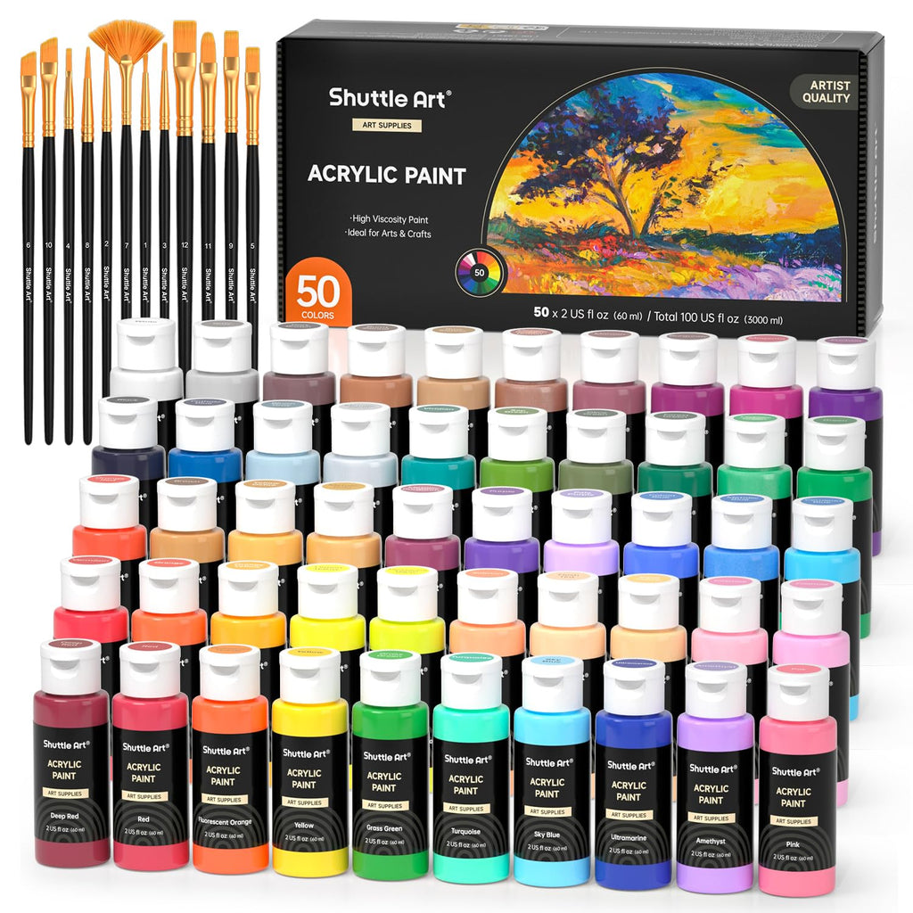 Shuttle Art Acrylic Paint Set - 50 Colors with 10 Brushes for Artists