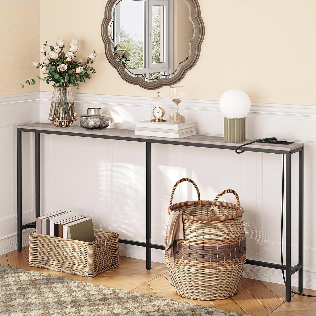 MAHANCRIS 180 CM Narrow Console Table with Power Outlet | Industrial Black